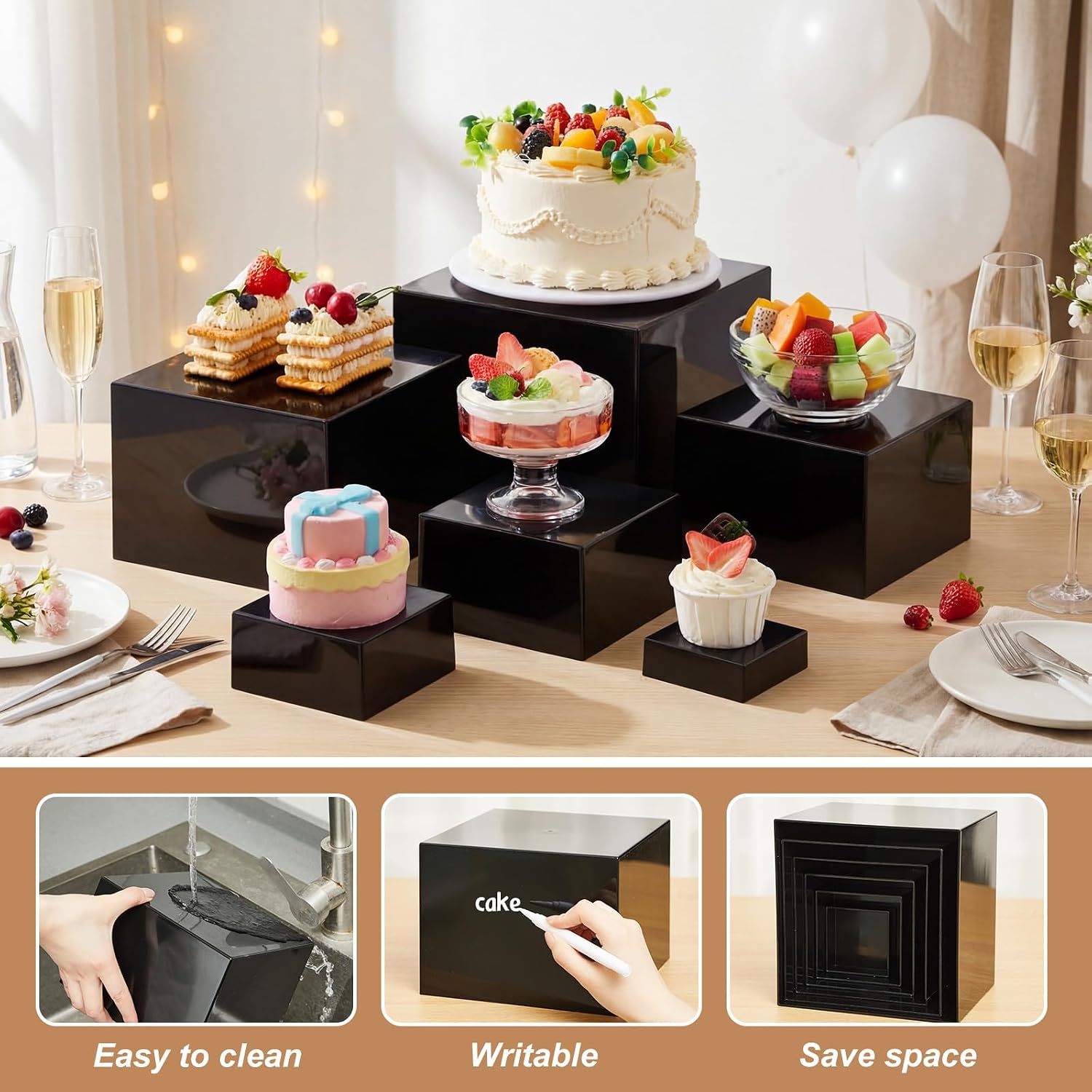 Acrylic Buffet Risers Stands for Food Display Cubes Box / Black / 3 To 8 Inch / Square / 8 Inch