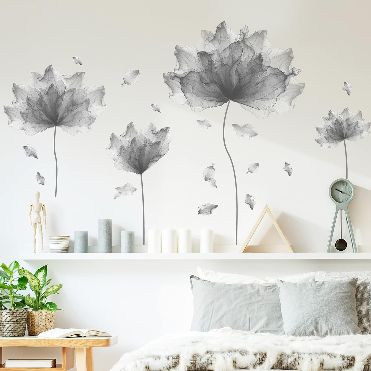 Huge Flower Petal Wall Decals Living Room Floral Wall Stickers Removable Peel / Gray / 39.3'' x 32.6