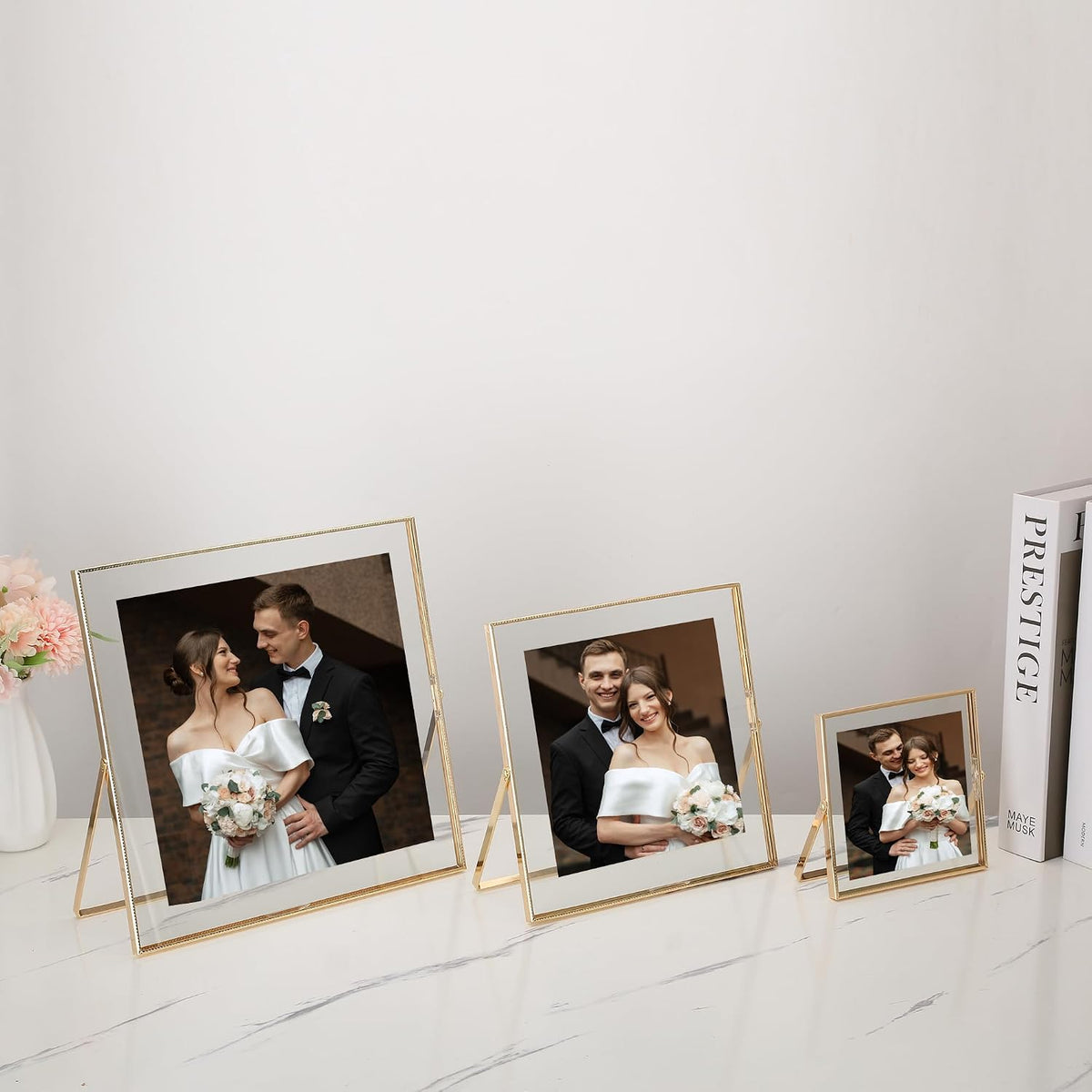 5x7 Triple Floating Frame,Metal Beaded Edge,Gold | Tempered glass, adjustable tabletop/shelf photo frame, for photo