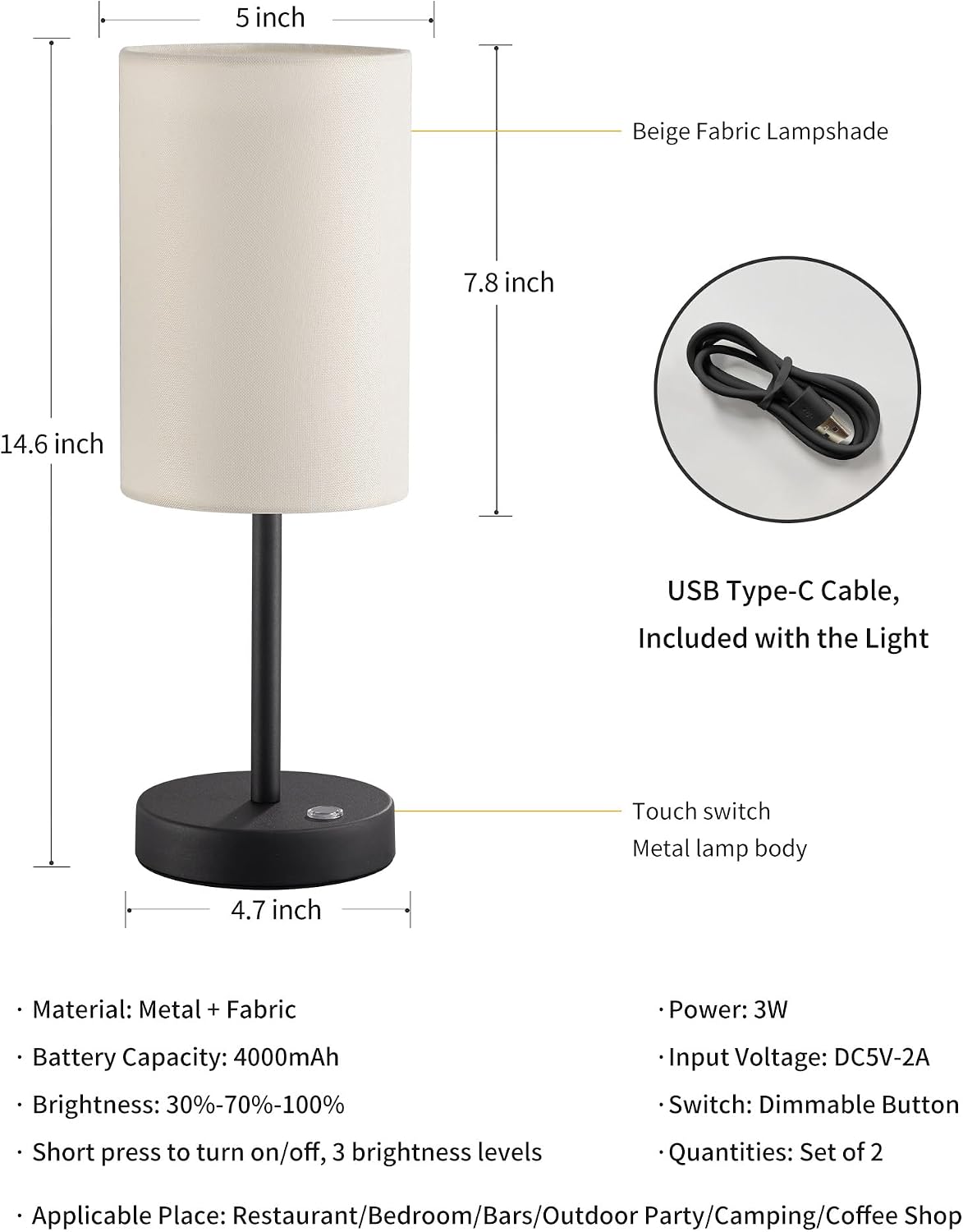 KDG Black Cordless Table lamp, Portable Bedside 4000mAh LED Desk Lamp | Rechargeable 3 Brightness Levels Emergency