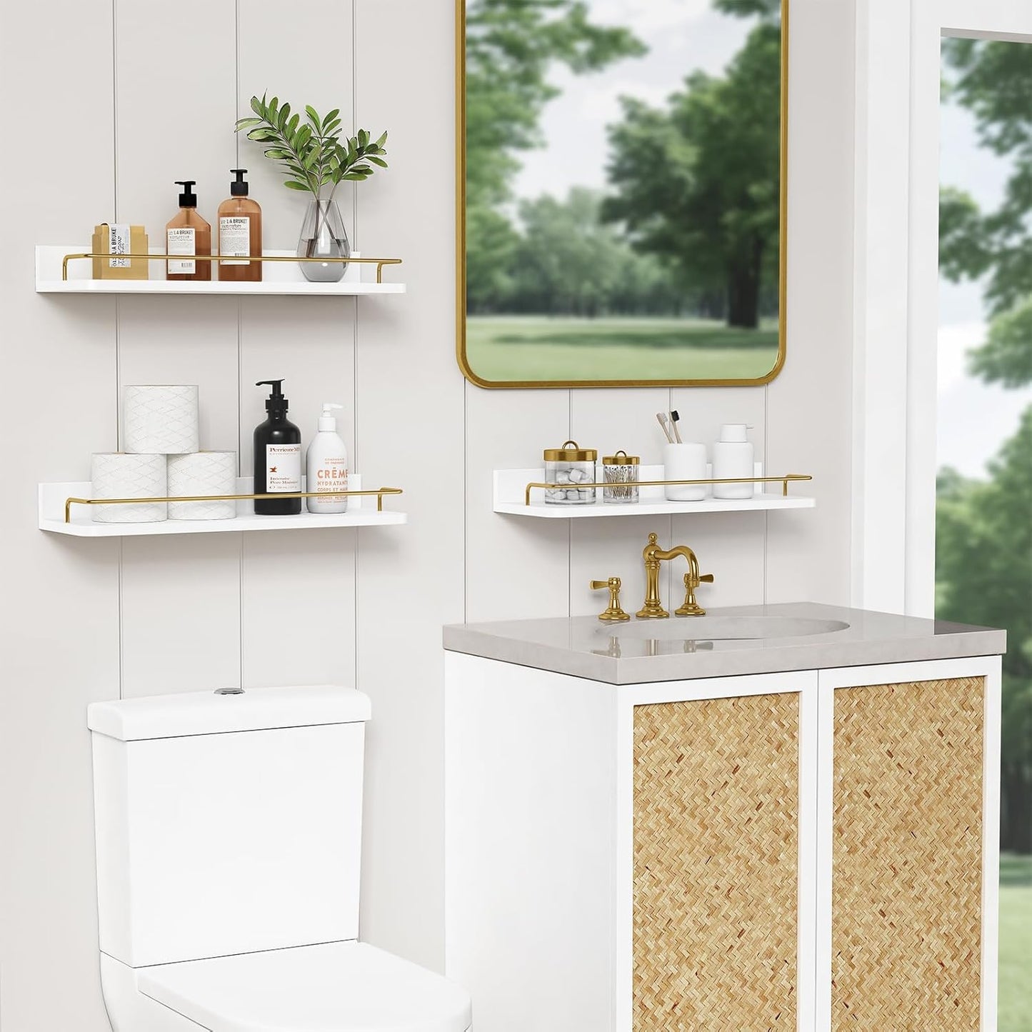Forbena Gold Floating Shelves for Wall Decor Set of 3, Bathroom Shelves Over Toilet, Modern Display Wall Shelf with