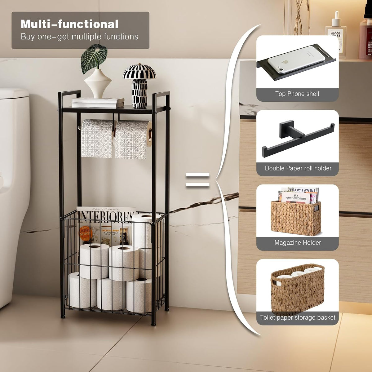 VOLDRA Toilet Paper Holder Stand with Storage Shelf, Free Standing Toilet Paper Roll Holder with Large Basket Heavy
