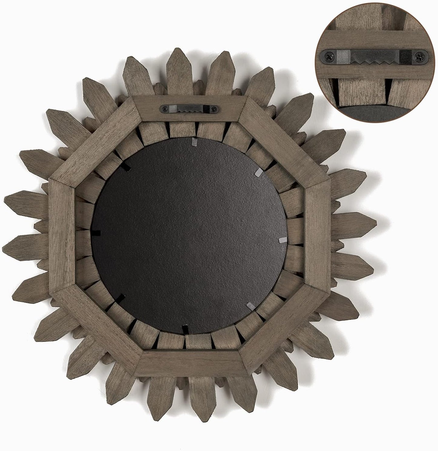 Farmhouse Wall Decor Mirror Sunburst Boho Wood Mirror Rustic Home Decor / Weathered Grey / 12 Inch