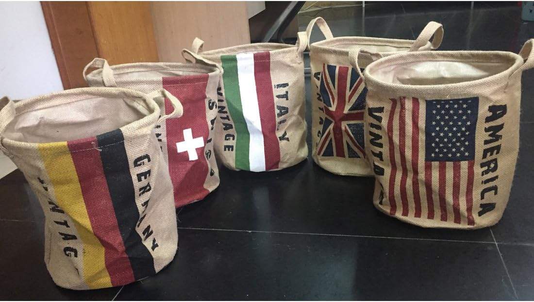Burlap Woven Storage Basket Collapsible Vintage / Swiss Flag
