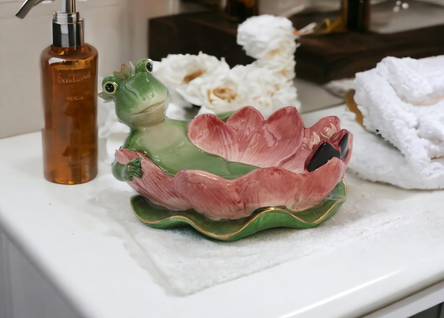 Fine Ceramic Hand Painted Lady Frog on Water Lily Lotus Flower Soap Dish or Nic Nac Dish or Jewelry