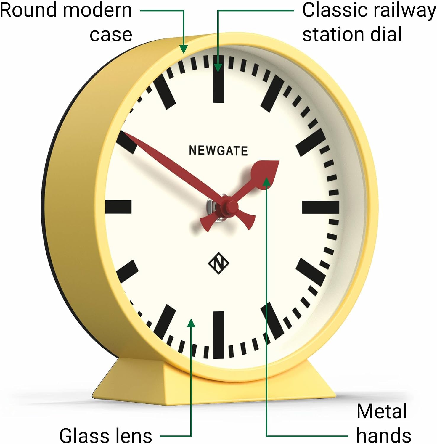NEWGATE® M Mantel Railway Desk Clock | Modern Round Station Clock Design | Yellow | Contemporary Style for Desk, Table