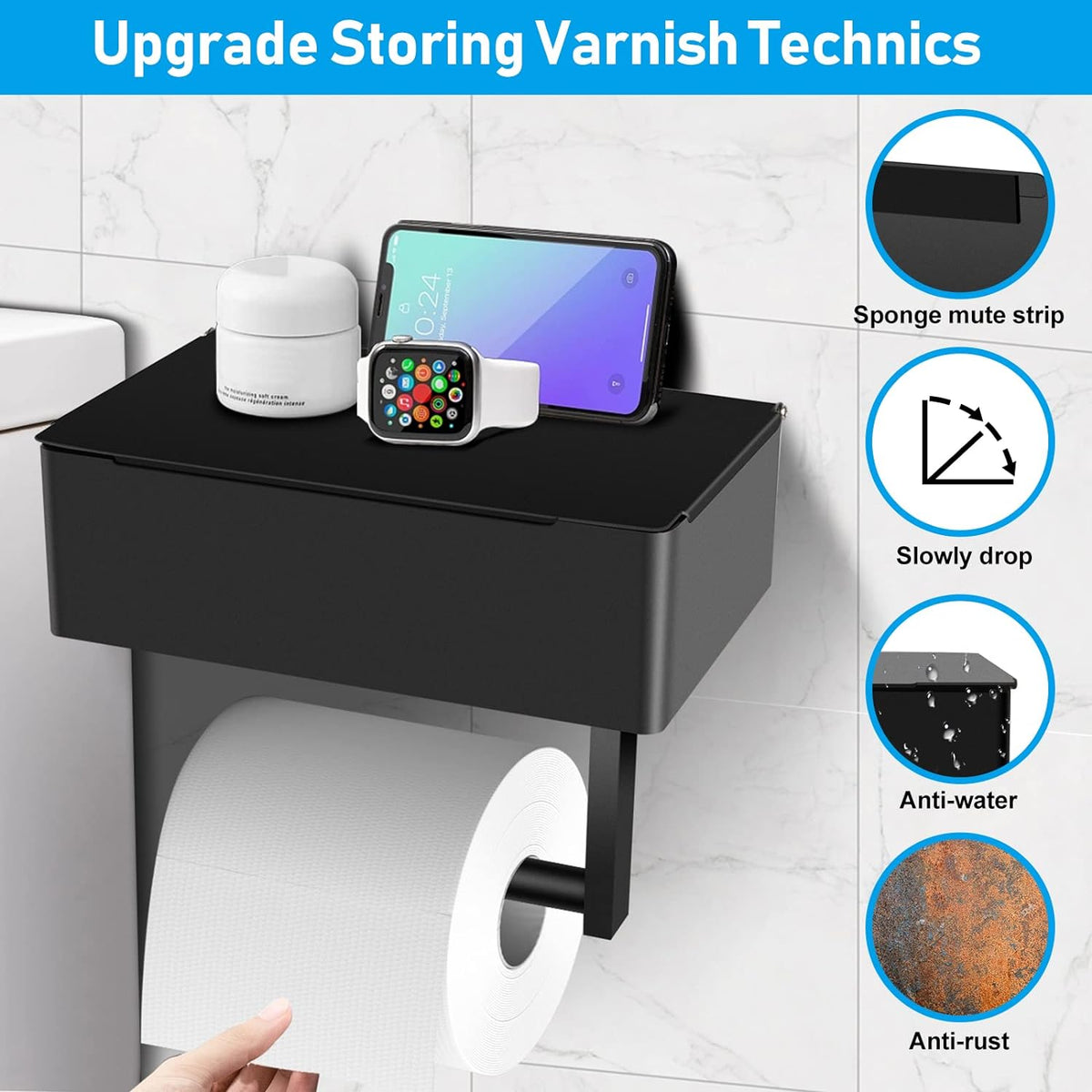 Toilet Paper Holder with Storage, Shelf of Bathroom Toilet Tissue Holder, Toilet Paper Roll Holder, Black Stainless