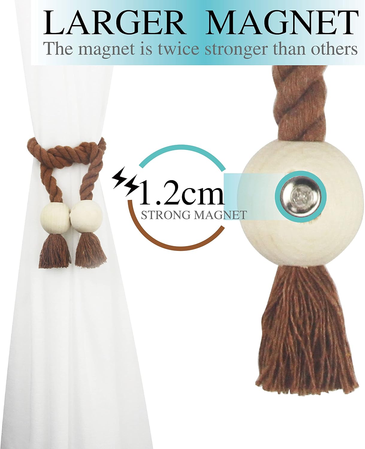 Magnetic Curtain Tiebacks Decorative Tie Back Drapes Holdbacks Nieffeiy | 6 Pack Khaki Cotton Hand Woven Rope Curtain