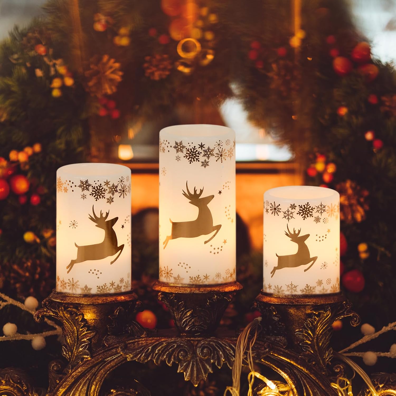 Gold Deer Flameless Candles Battery Operated with 6 Hour Timer | LED Pillar Candles Flickering, Real Wax Warm Light