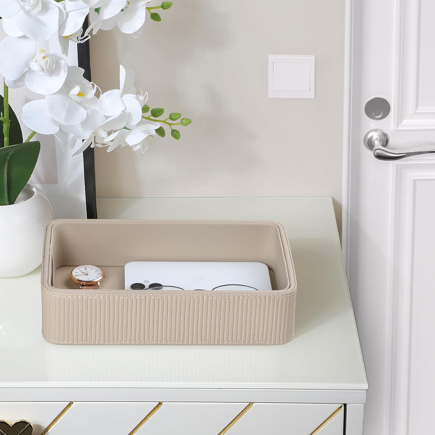 PU Leather Valet Tray Organizer / Beige / 9.5 x 5.9 x 2.2
