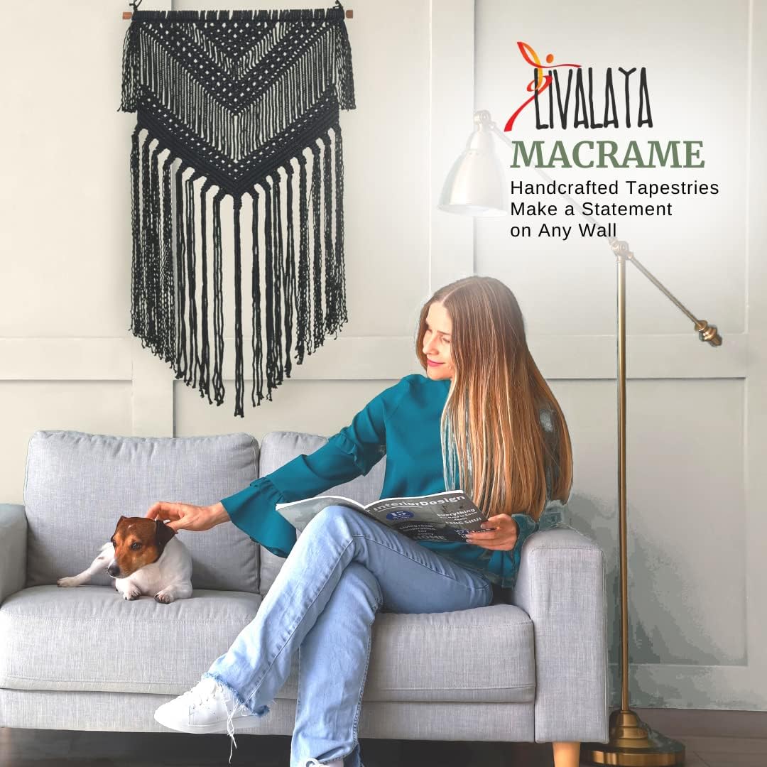 Boho Macrame Woven Wall Hanging / Black / 16 x 36