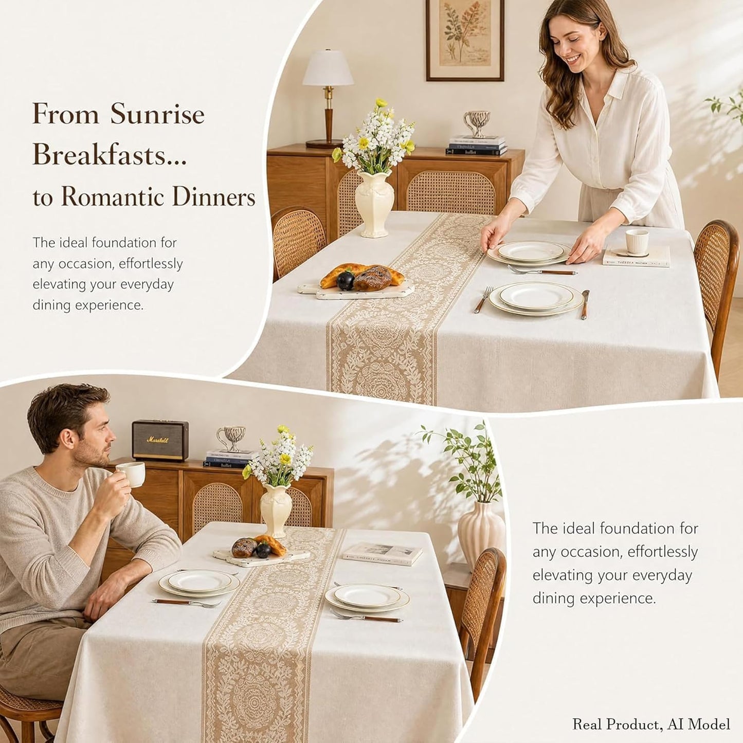 Nordic Beige Linen Tablecloth, Heavy-Duty Rectangle Cover | Spill-Resistant & Wrinkle Free Elegant Drape Table