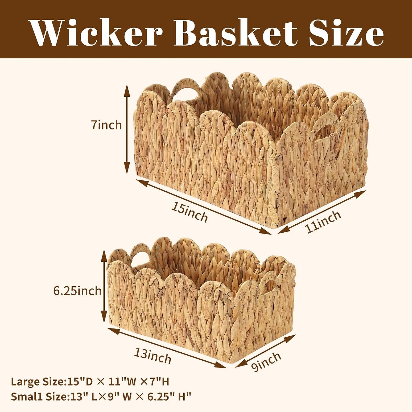 Wicker Baskets / Large &Small Woven Storage Basket / 2PC / Wave / 15 Inch / Set of 2