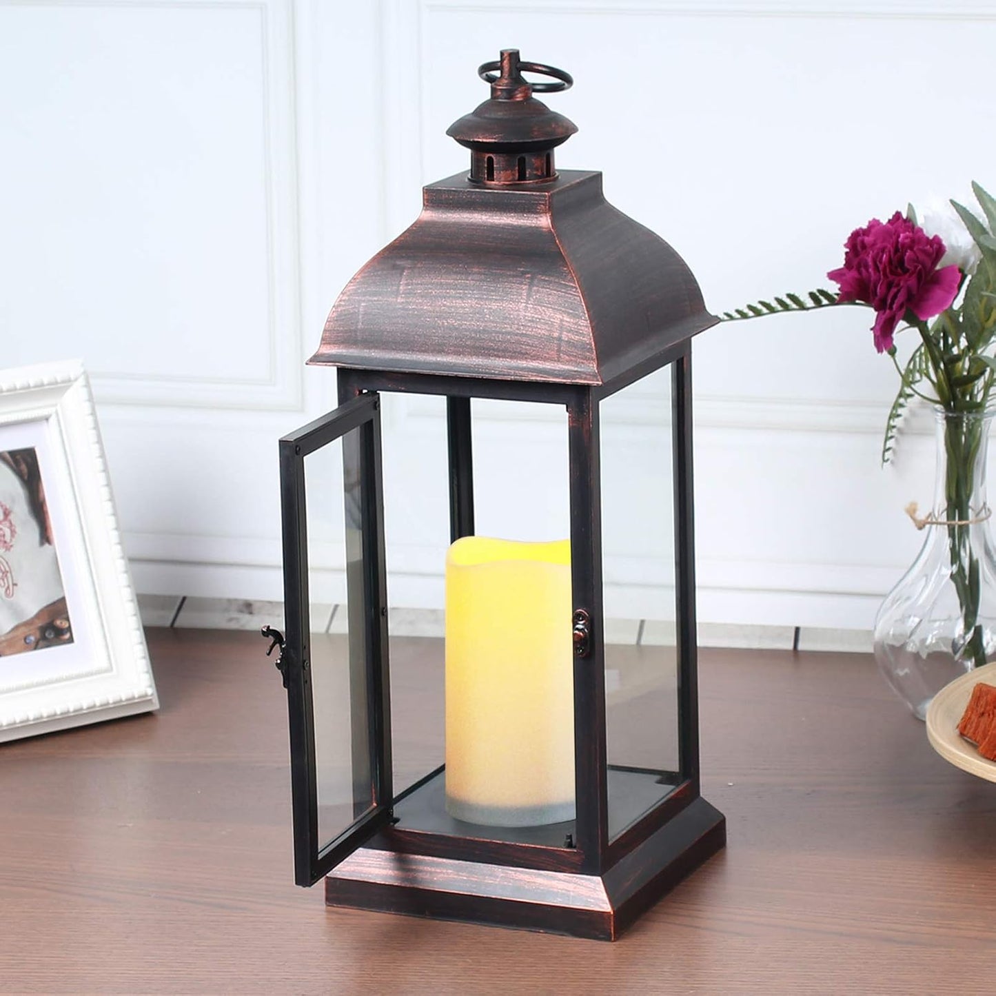 Decorative Lantern with flameless LED Candle Light, Outdoor/Indoor LED Lantern, The Door-Open H16 Decorative