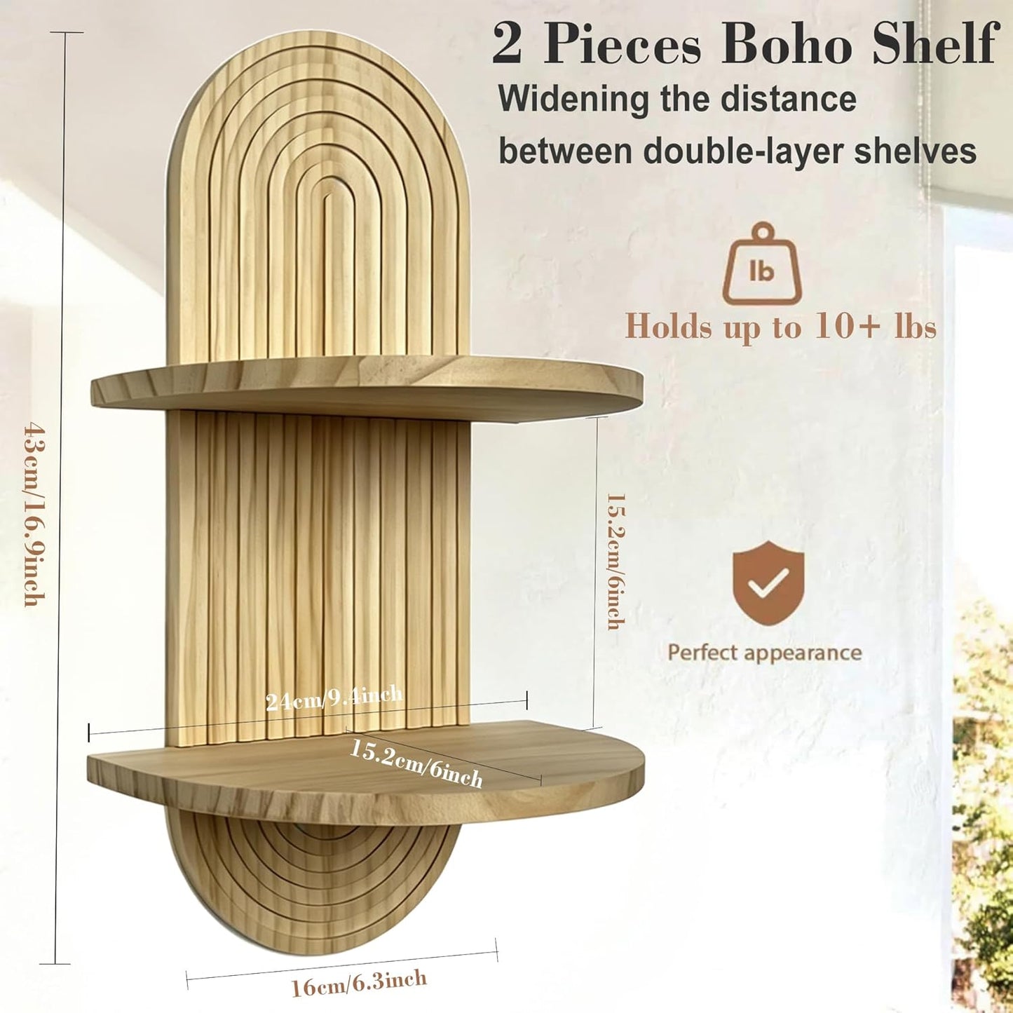 Boho Aesthetic Wall Shelves / Double Layer - Nature / 16.9 x 9.4 / Set of 2