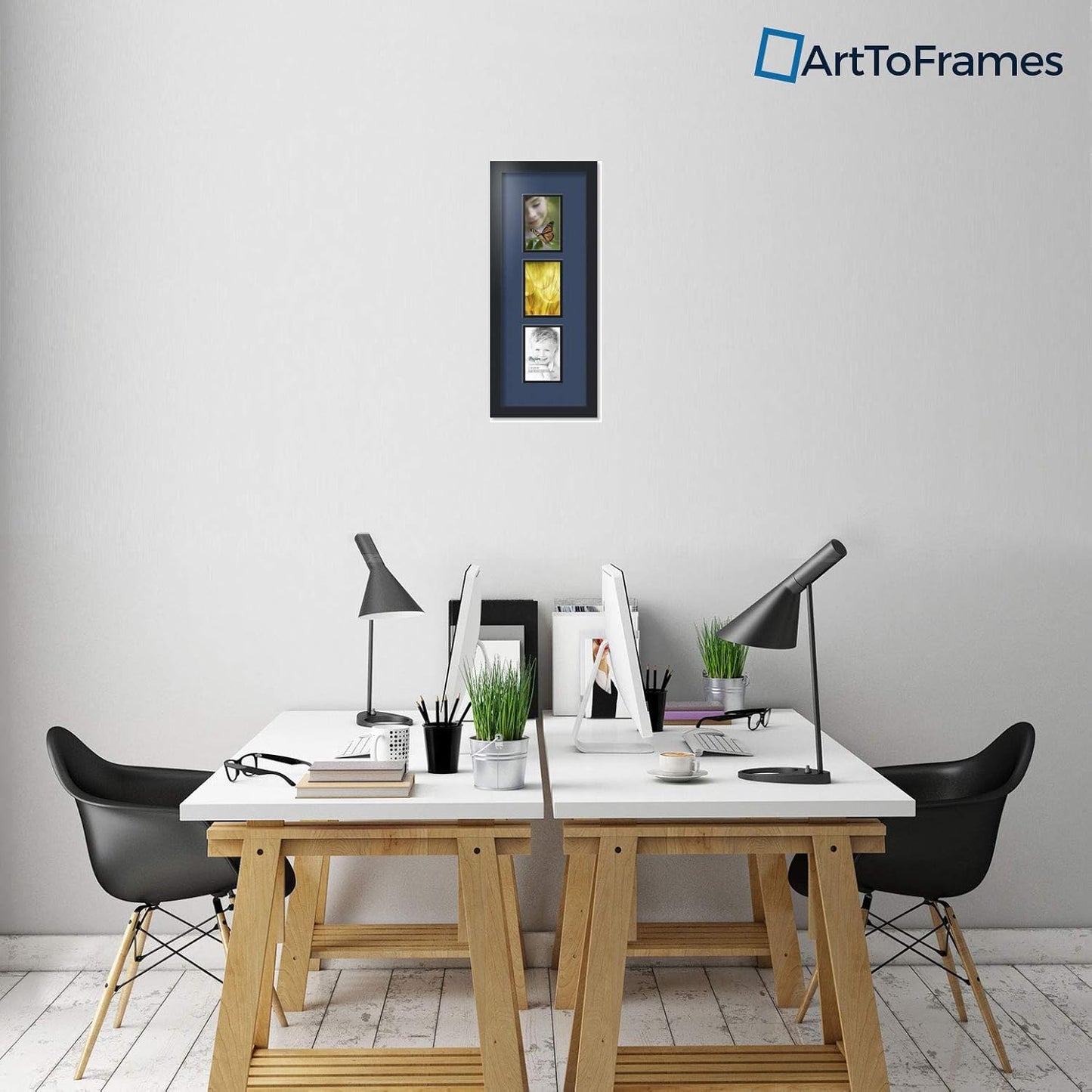 ArtToFrames Collage Photo Frame Double Mat with 3-4x6 Openings with Satin Black Frame and Midnight Blue mat.