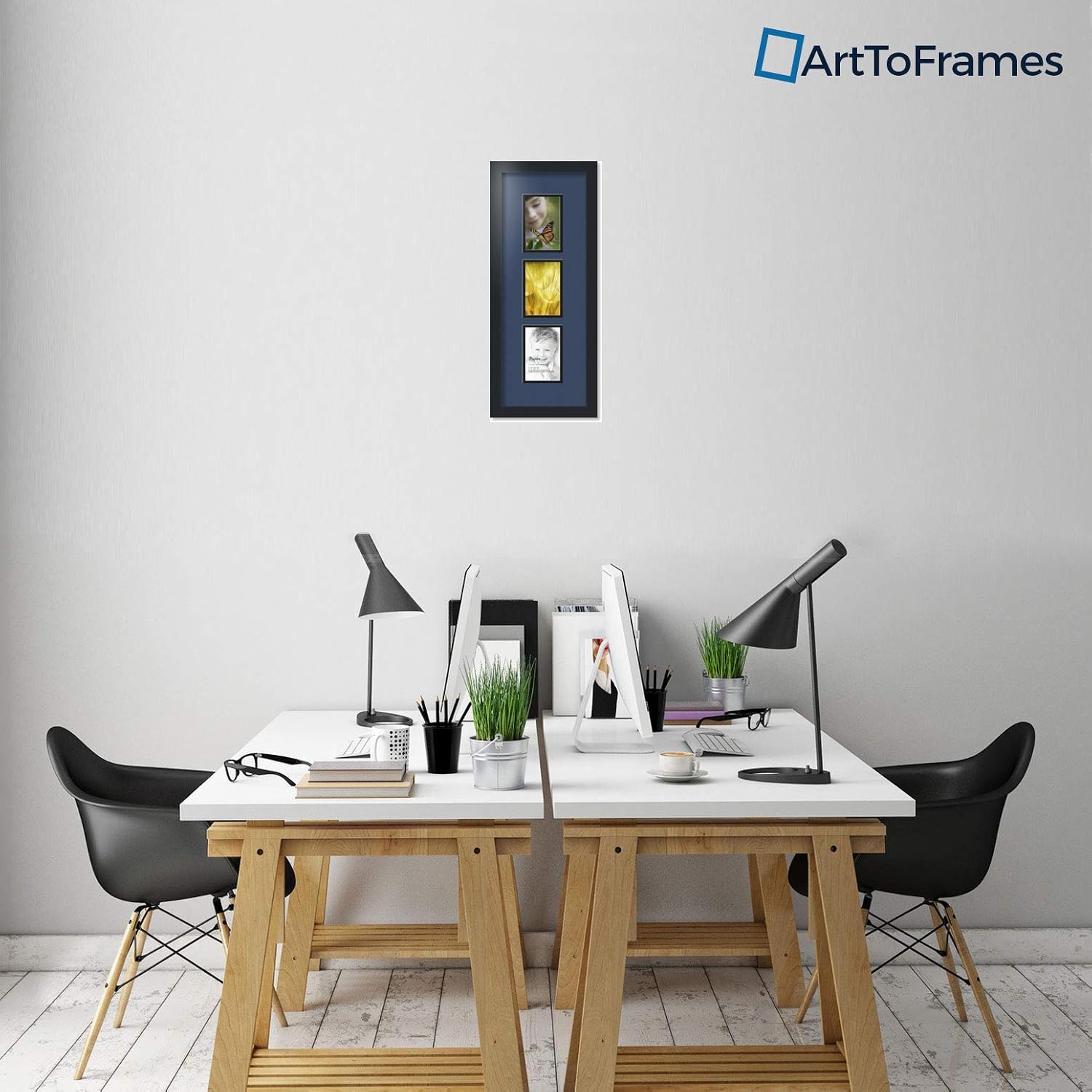 ArtToFrames Collage Photo Frame Double Mat with 3-4x6 Openings with Satin Black Frame and Midnight Blue mat.