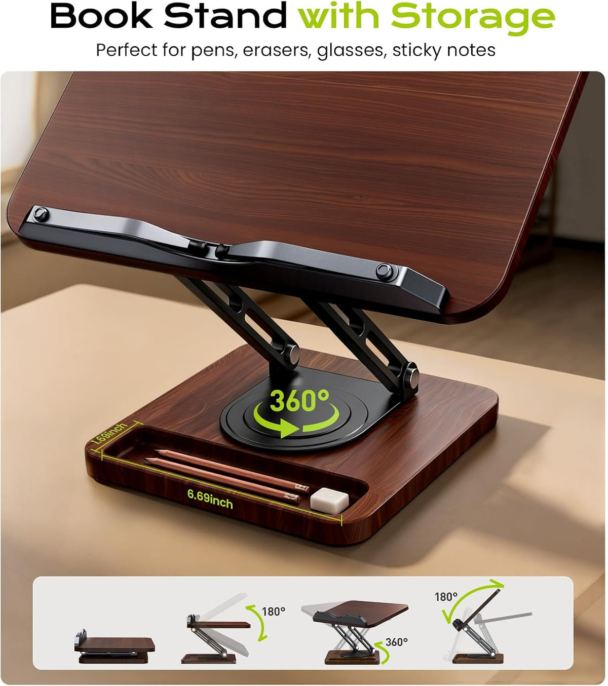 LOXP Book Stand with Storage, 360° Rotating Cookbook Stand, Ergonomic | Adjustable height angle,Hands-free, anti-slip