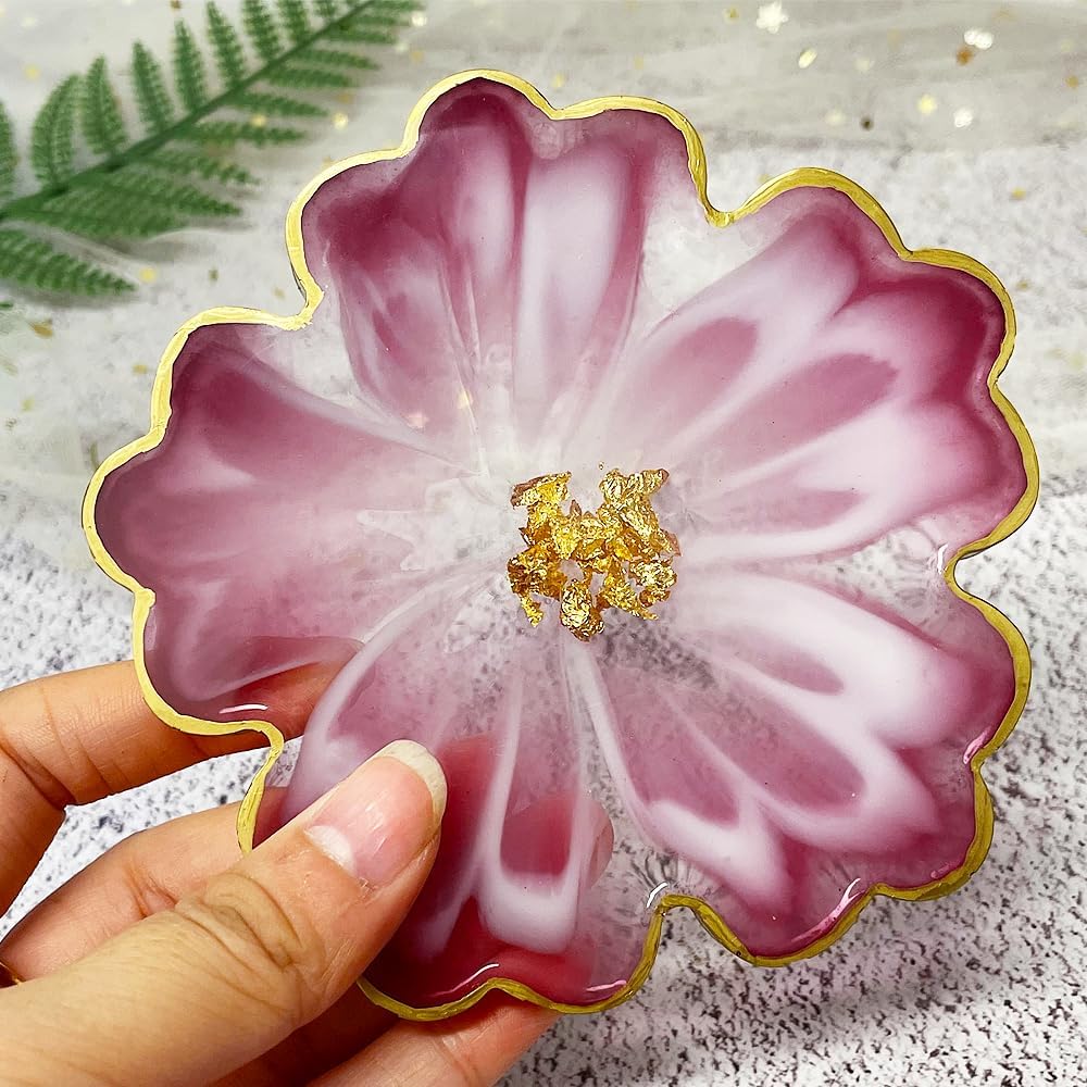 13'' Large Floral Tray Mold + 4'' Flower Geode Coaster Silicone Molds No Designs / White / Set of 5