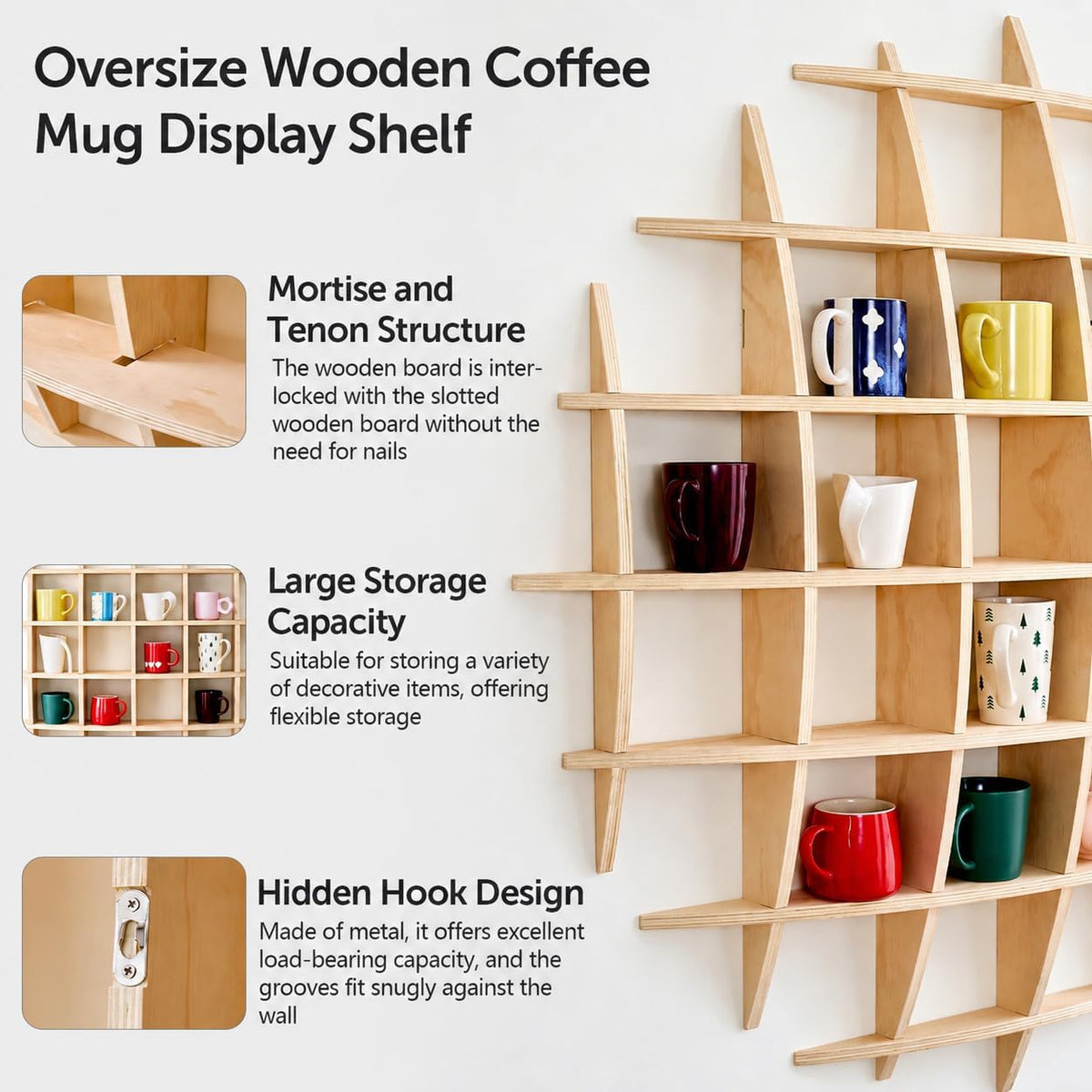 46 x 46 Inch Oversize Wooden Coffee Mug Display Shelf for Wall | Wall-mounted mug holder, floating curio shelf and tea