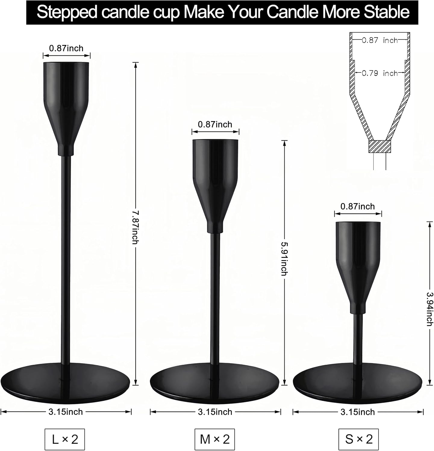 Black Candlestick Holders, Metal Taper Candle Holders, Set of 6 | Elegant matte black candle stands, 3 heights, for