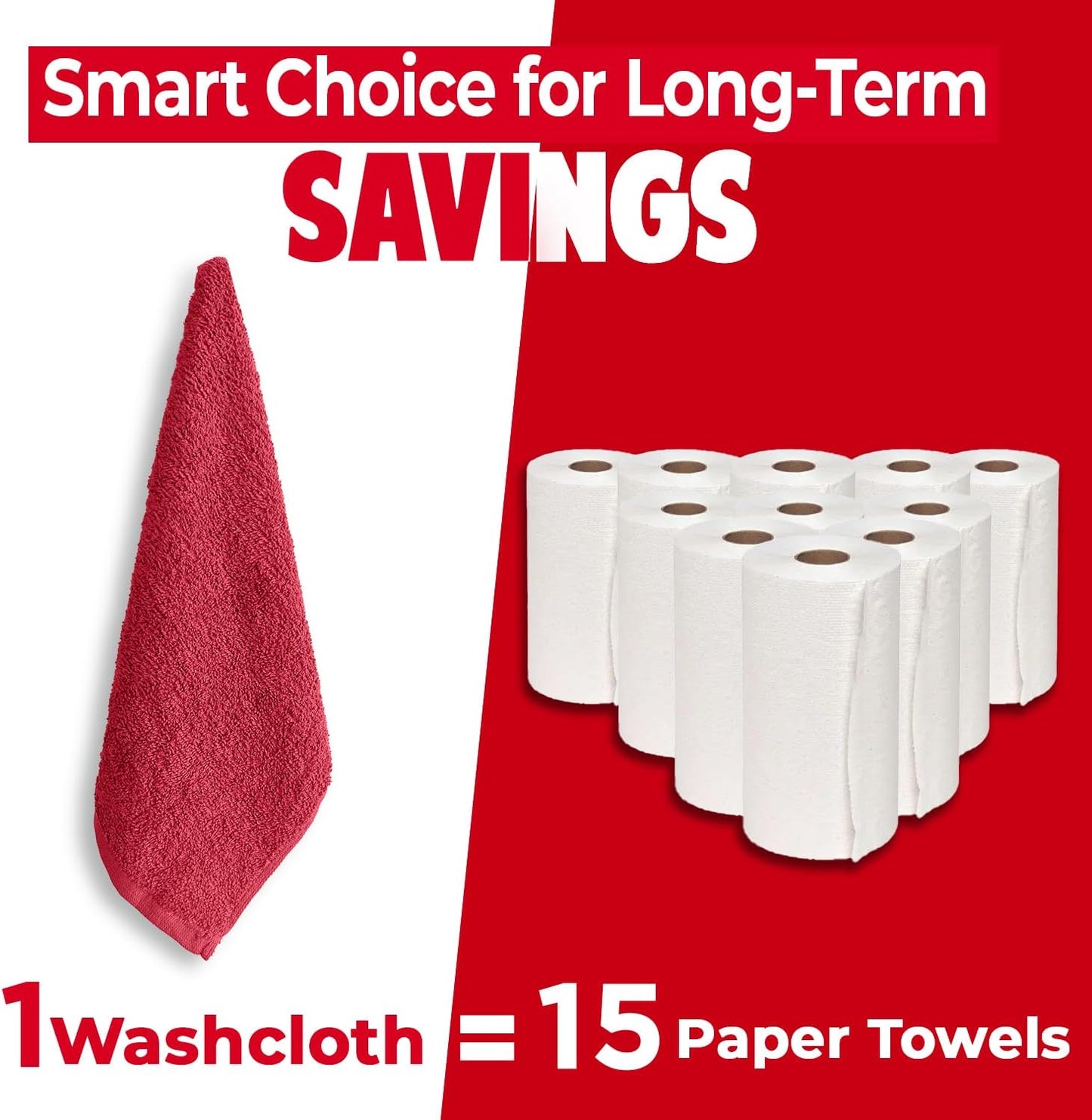 DAN RIVER 24 Pack Cotton Wash Cloths Set for Showering [12x12] Red | Lighter Weight, Quick to Dry, Super Soft &