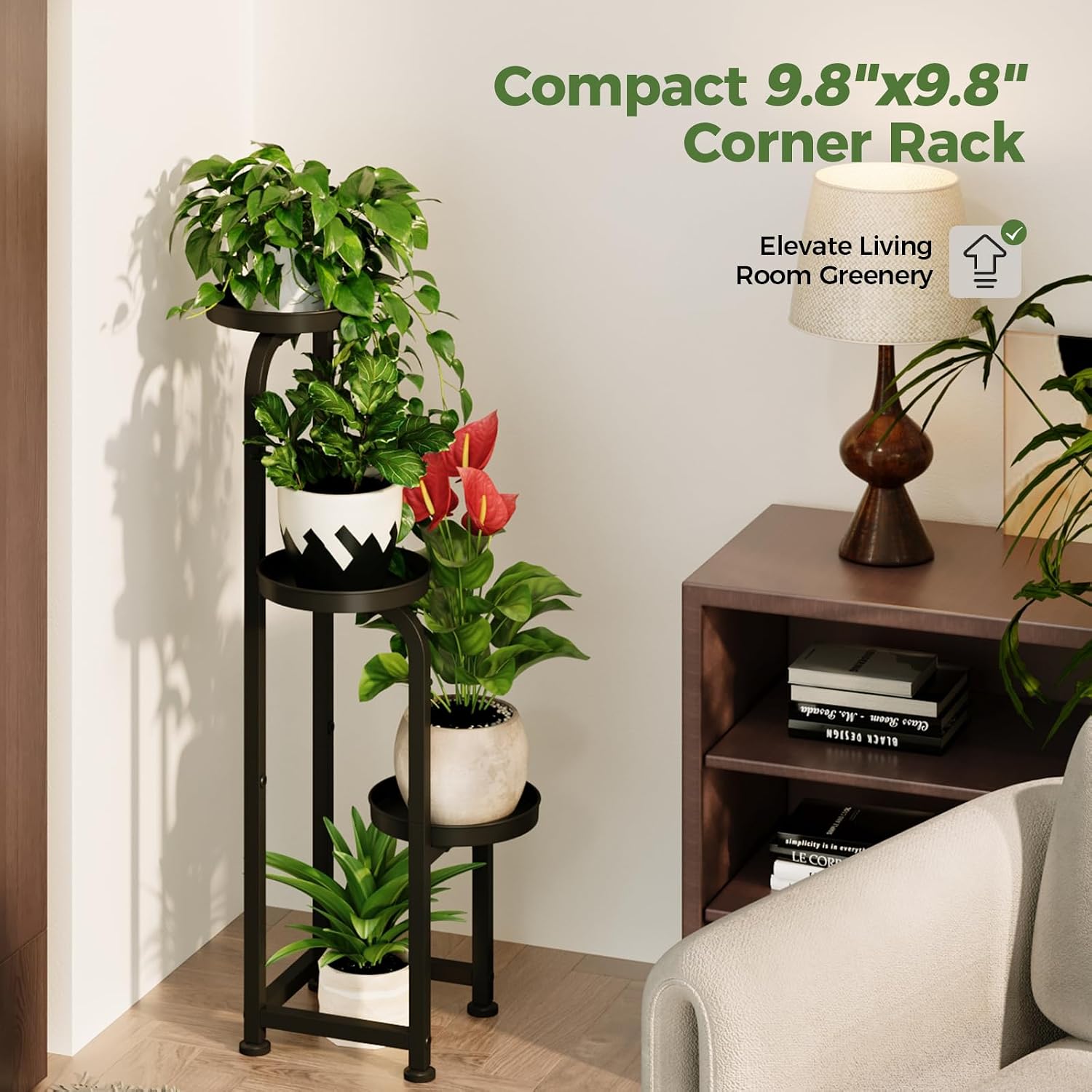Bamworld Tall Plant Stand Indoor Outdoor Corner Metal Flower Pot Stands | 3 Tier Black Heavy Duty Plant Shelf for Patio
