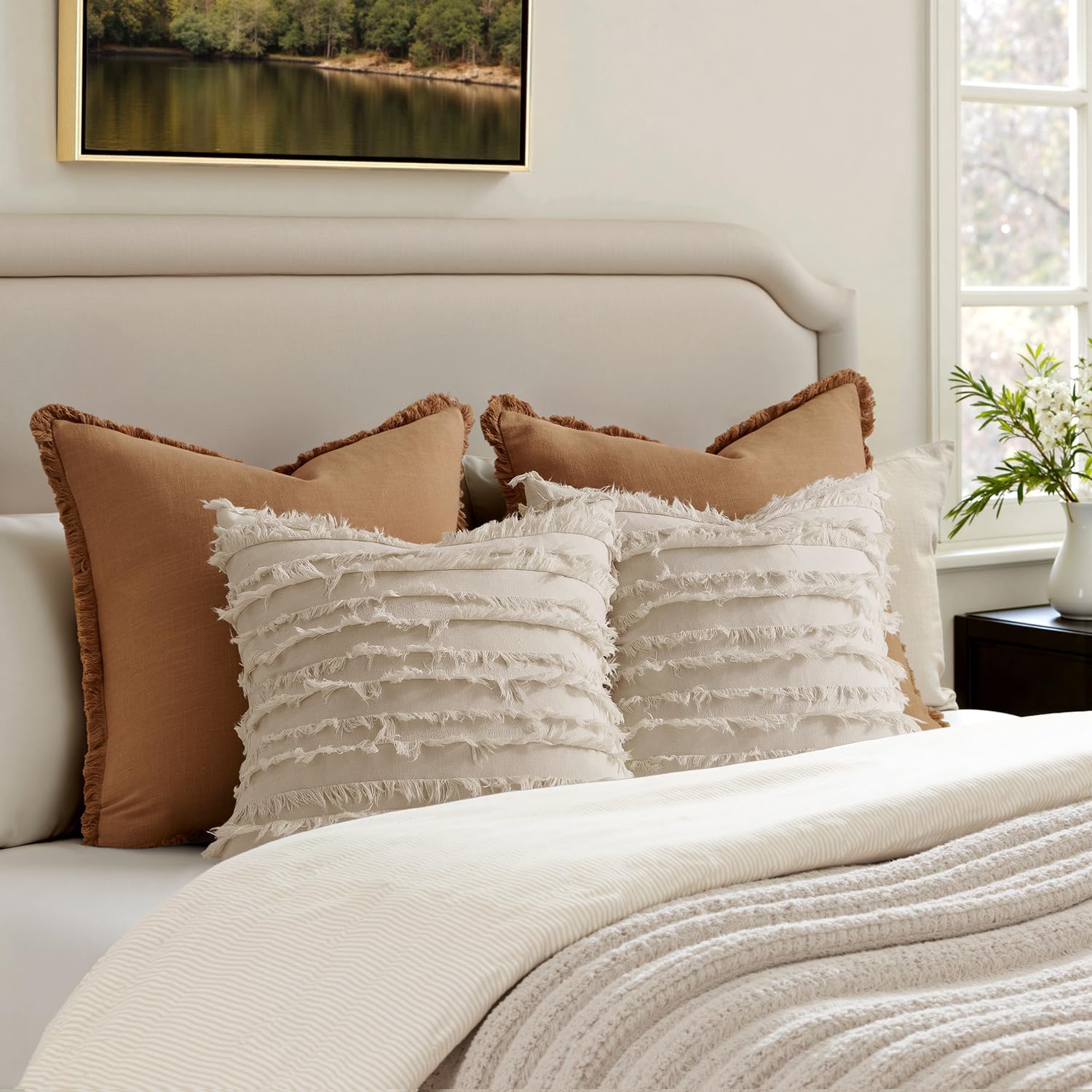 Decorative Boho Throw Pillow Covers Spring Neutral Beige Linen / 18 x 18 / Natural Beige / Set of 2
