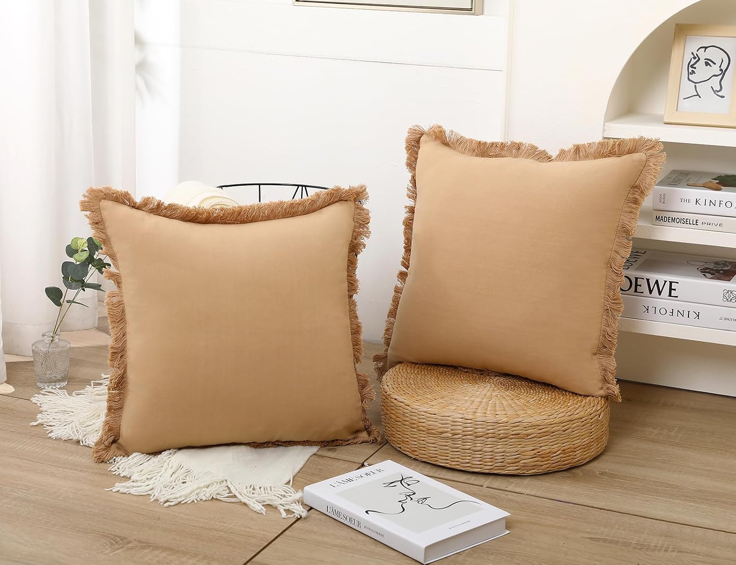 Linen Fringed Throw Pillow Covers / Khaki / 18 x 18 / Natural / Set of 2