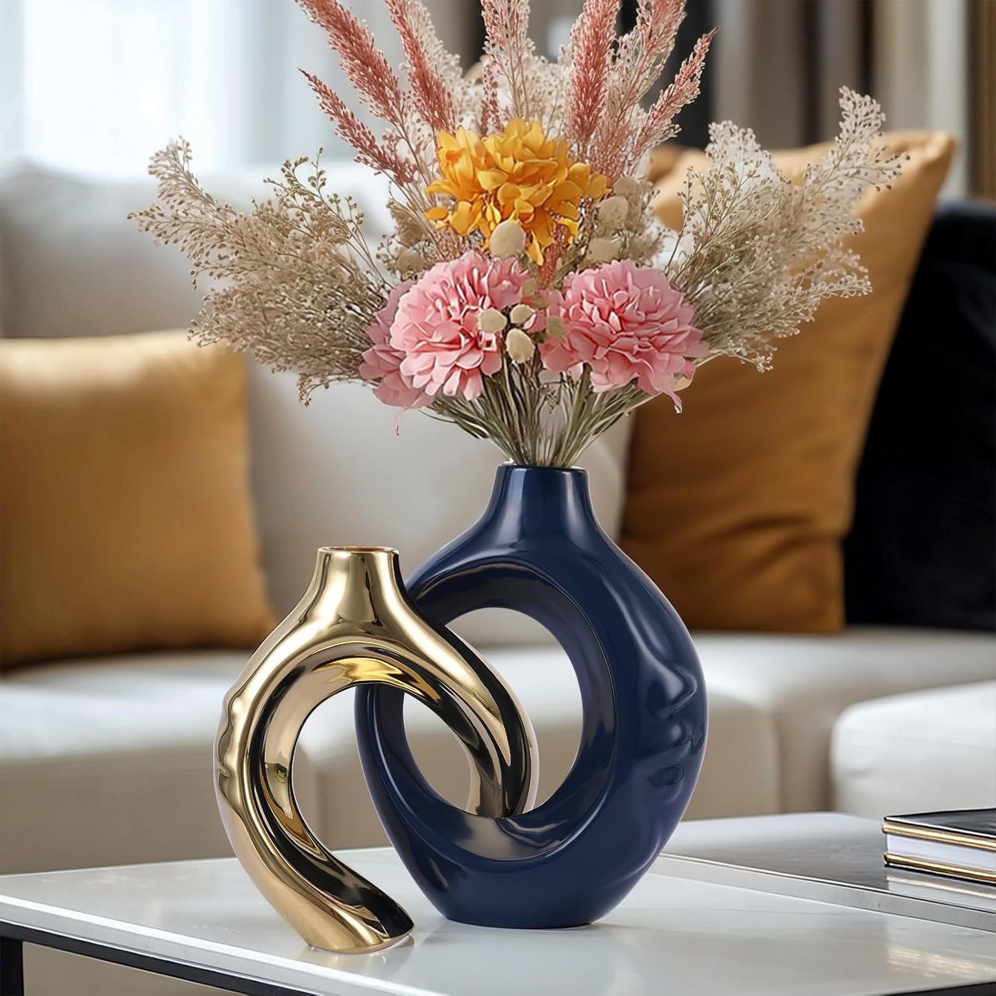 Round Boho Vase for Pampas Grass / Blue / Set of 2