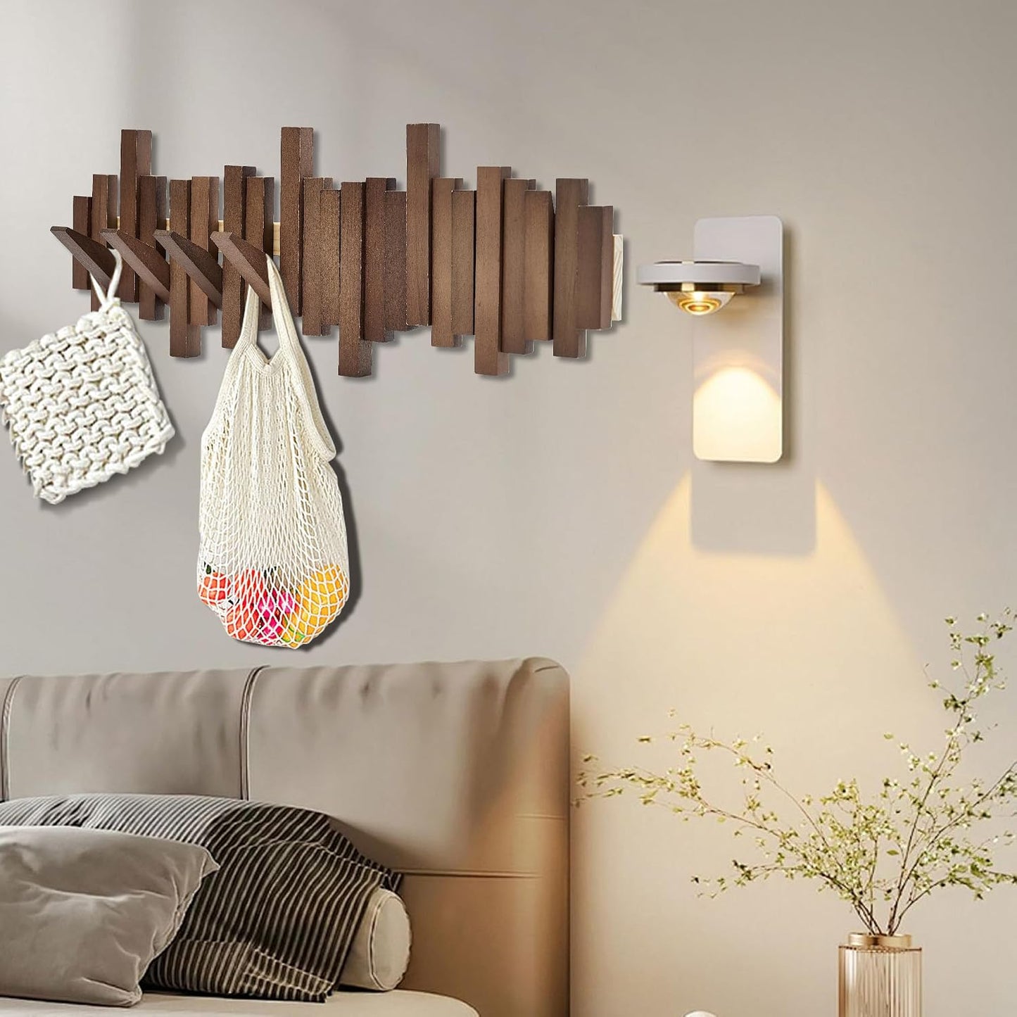 Natural Wood Wall Mounted Piano Coat Rack | Mounted Coat | Flip Up Wall Hook 8 Hooks | Entry Art Hooks in Walnut