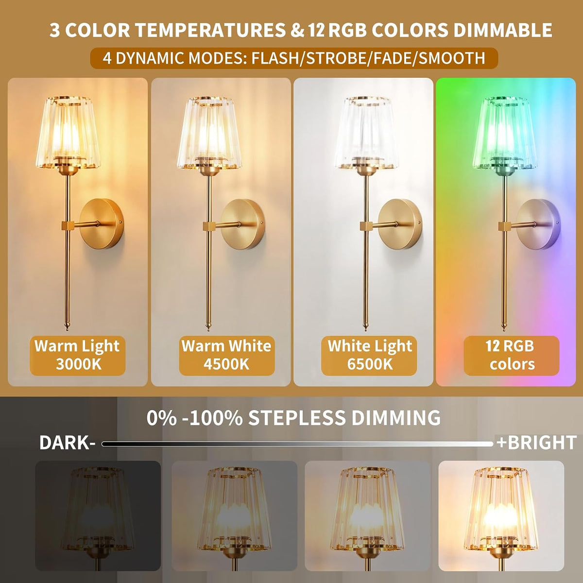 Wall Sconces Battery Operated Set of 2, Rechargeable Wall Sconce with Crystal Lampshade, Gold 5200mAh Wireless Wall