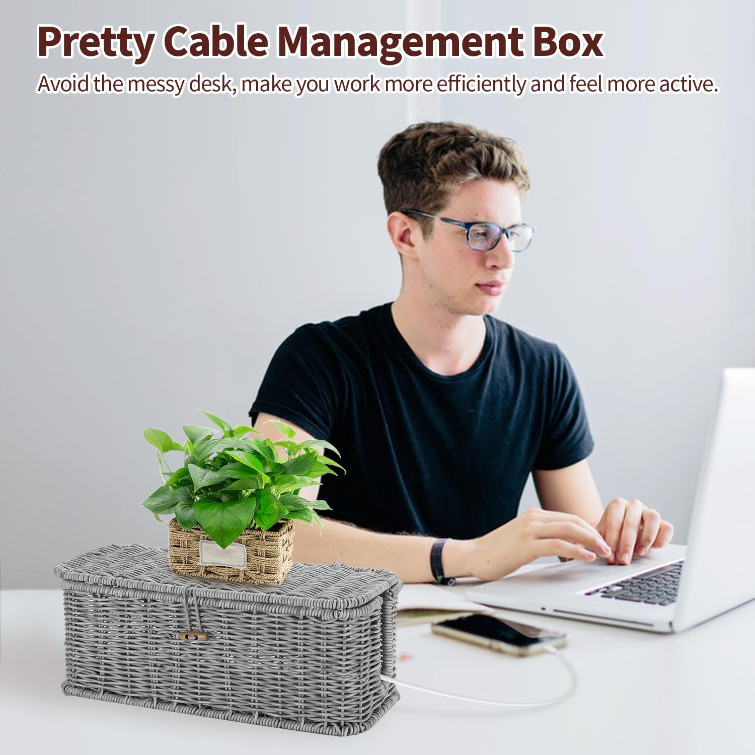 Desk Handwoven Rattan Cord Hider Cable Organizer Box / Grey