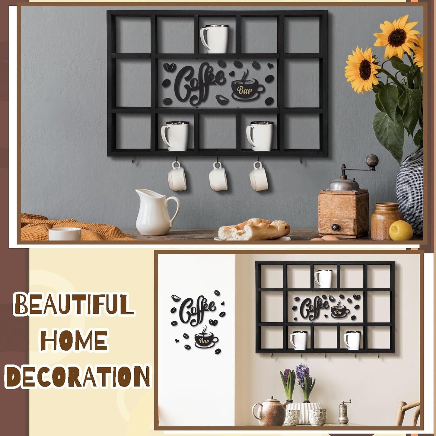 Cinnvoice Oversize Coffee Mug Display Shelf for Wall, Black | Wood Coffee Mug Rack, Wall Mounted Shelf, Cubes Cup Hooks