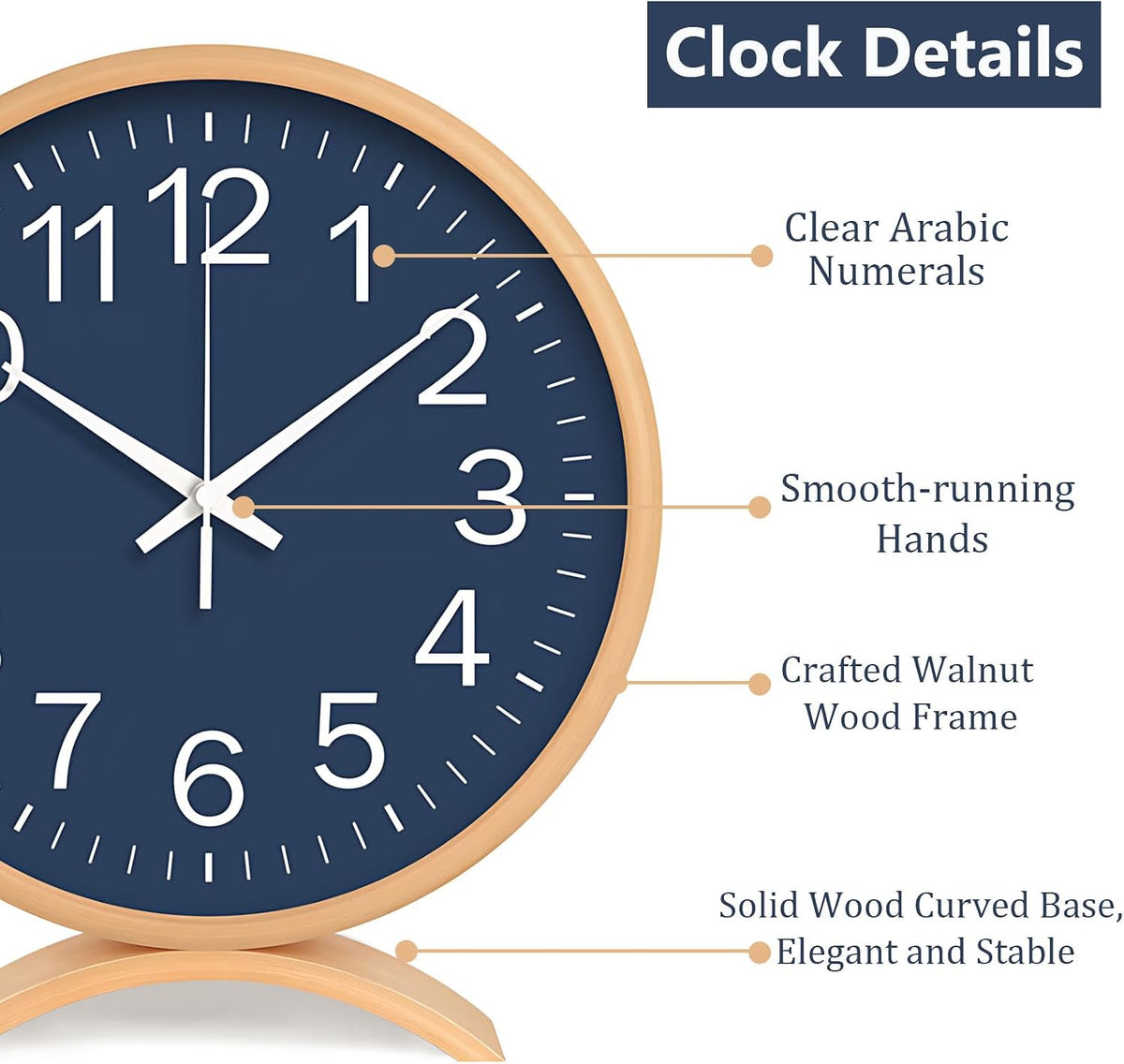 Maxspace Table Clock-8 Inch Silent Non-Ticking Wooden Timepiece Desk Clock, Battery Operated Decor Round Clock for