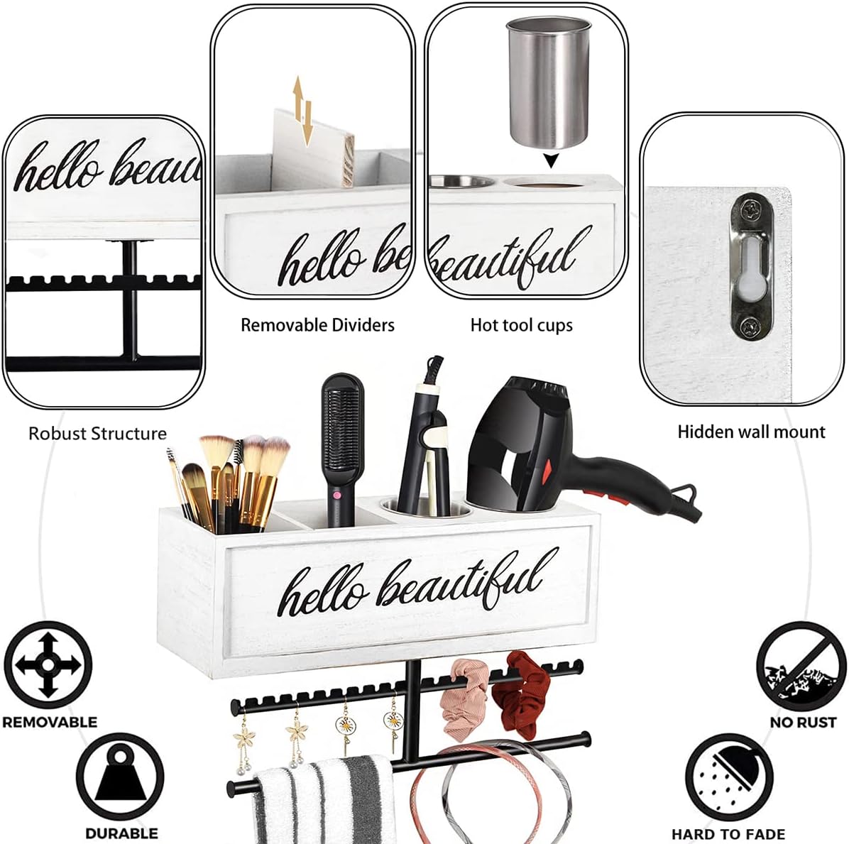 Rustic Hair Dryer Holder Wall Mounted,Hair Styling Tools & Accessories Organizer,Bathroom Supplies & hot Tools vanities