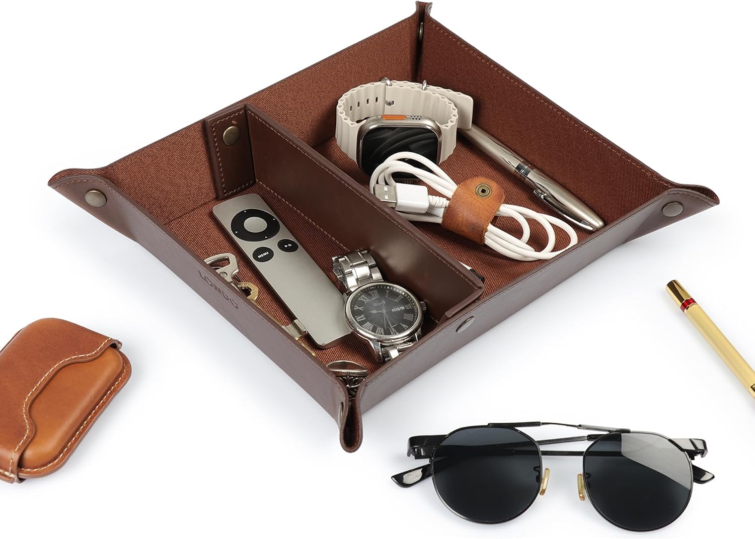 Londo PU Vegan Leather Valet Tray for Men — Catchall EDC for Keys, Wallet, Watch, AirPods — Nightstand & Entryway Tray