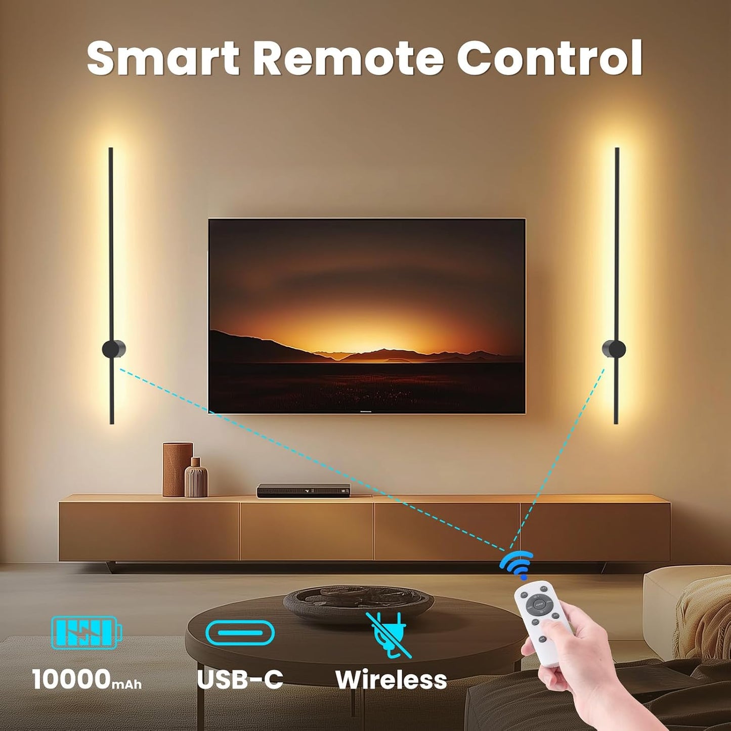 35.4 Inch Battery Operated Wall Sconce Set of 2,Black Minimalist Rechargeable LED Wall Lights with Remote, 10 Colors