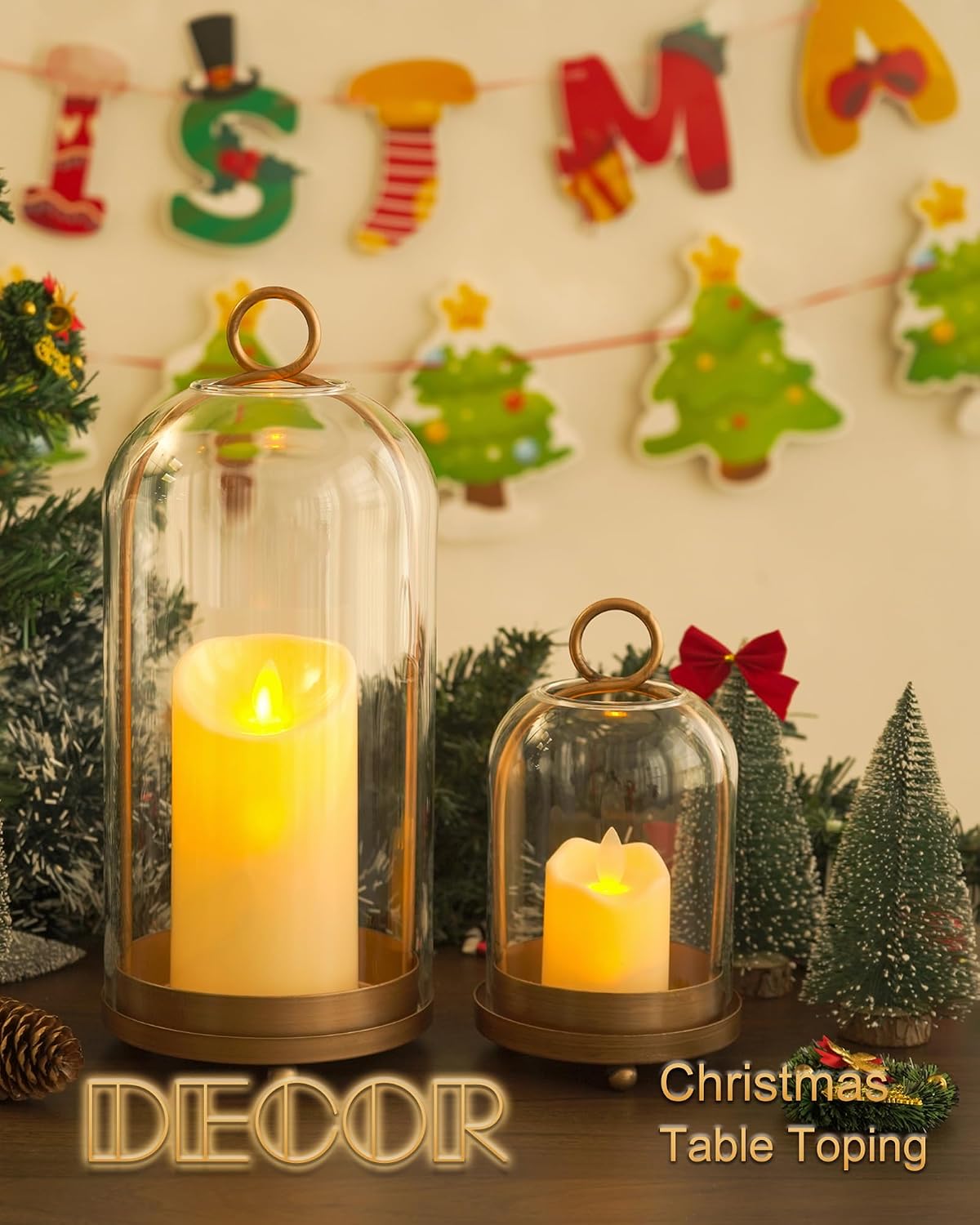 Glass Hurricane Candle Holders for Pillar Candles, Set of 2 (5" & 4" Wide) with Lamp Shape Glass Dome & Brass Base for