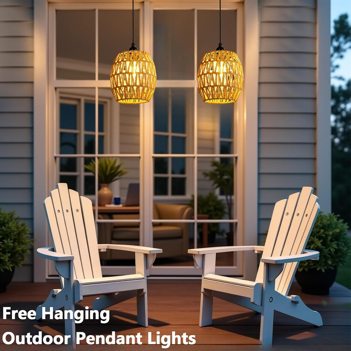 Battery Operated Chandelier, 2 Pack Natural Rattan Pendant Lights - Waterproof Outdoor Boho Hanging Lamps with