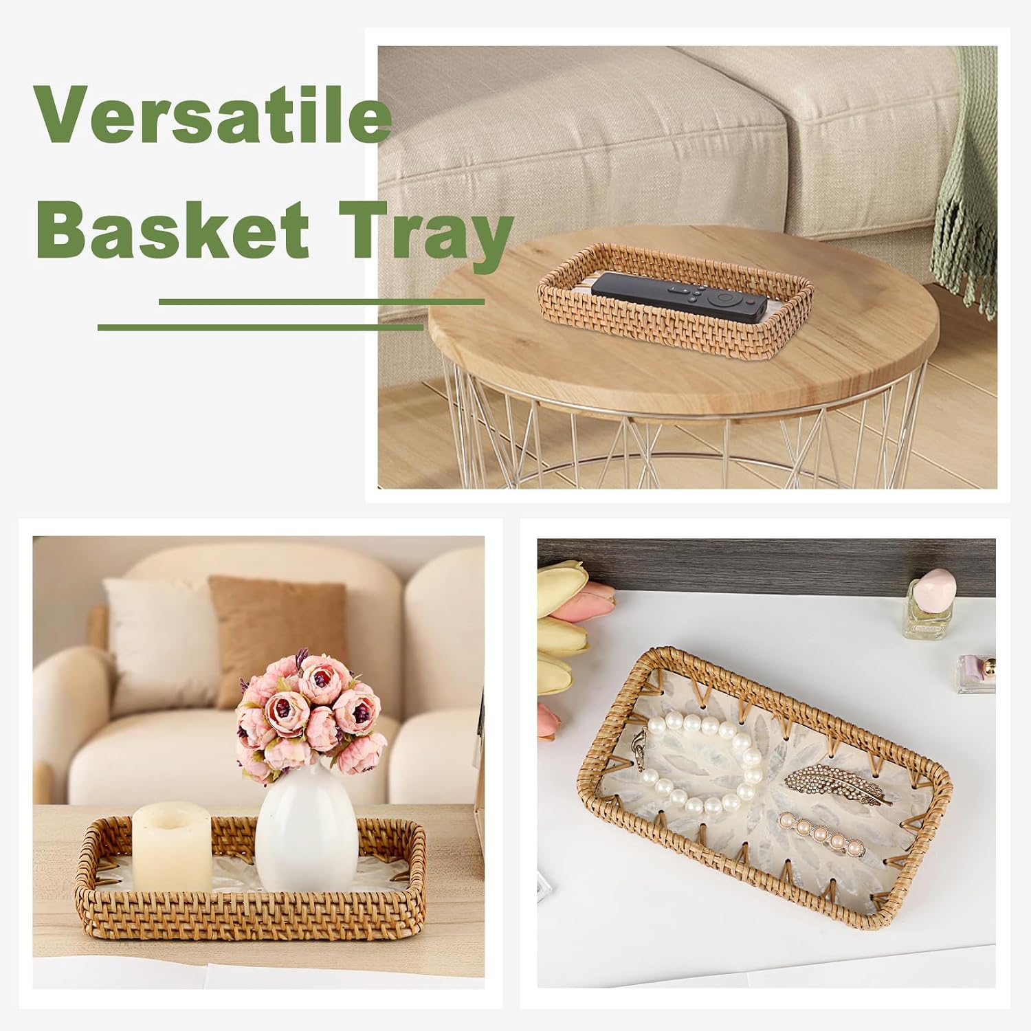 Decorative Key Basket for Entryway Small Handwoven Rattan Tray Rectangular / 8.3 x 4.3 x 1.6 / White