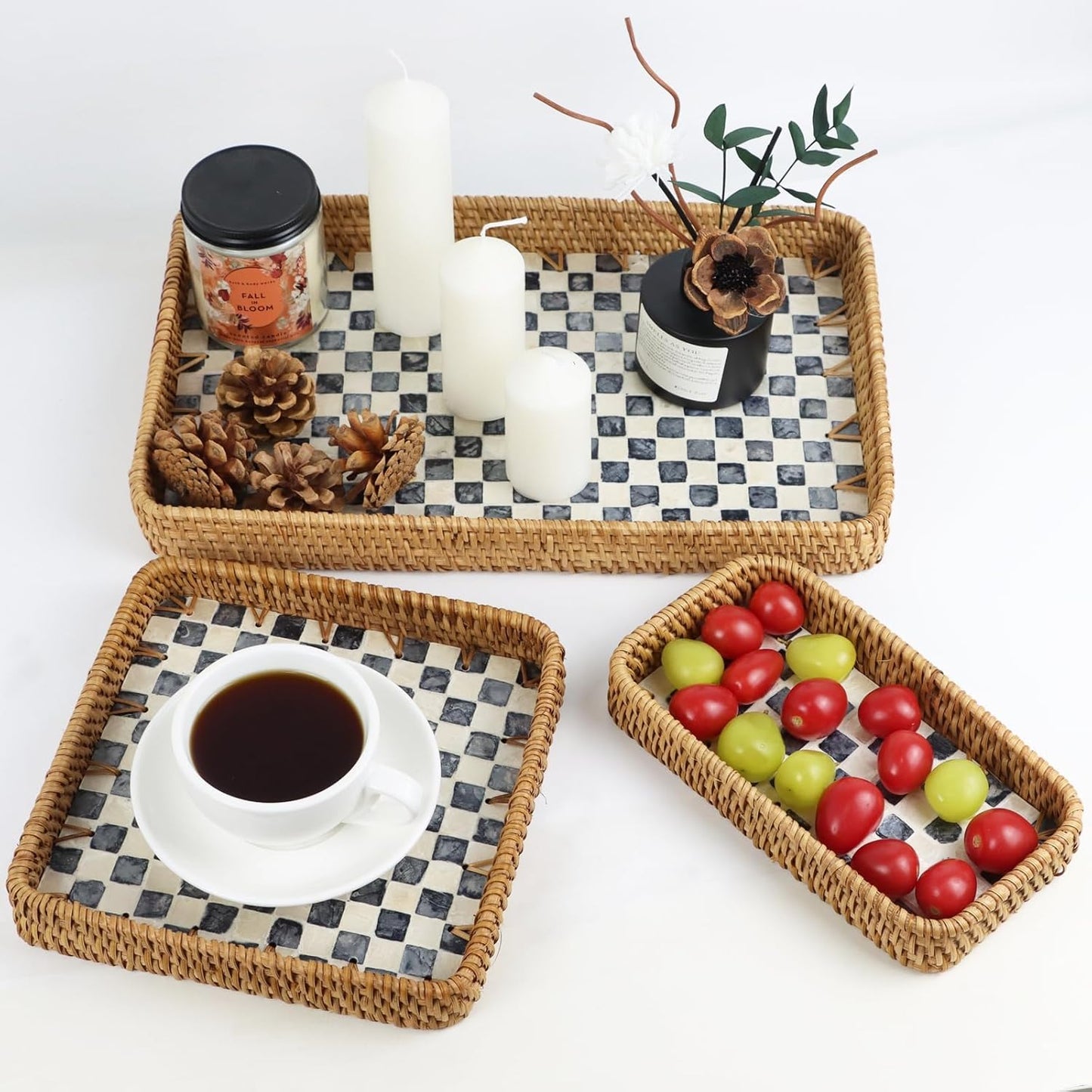 Rattan Serving Trays / Black Checkerboard / Set of 3