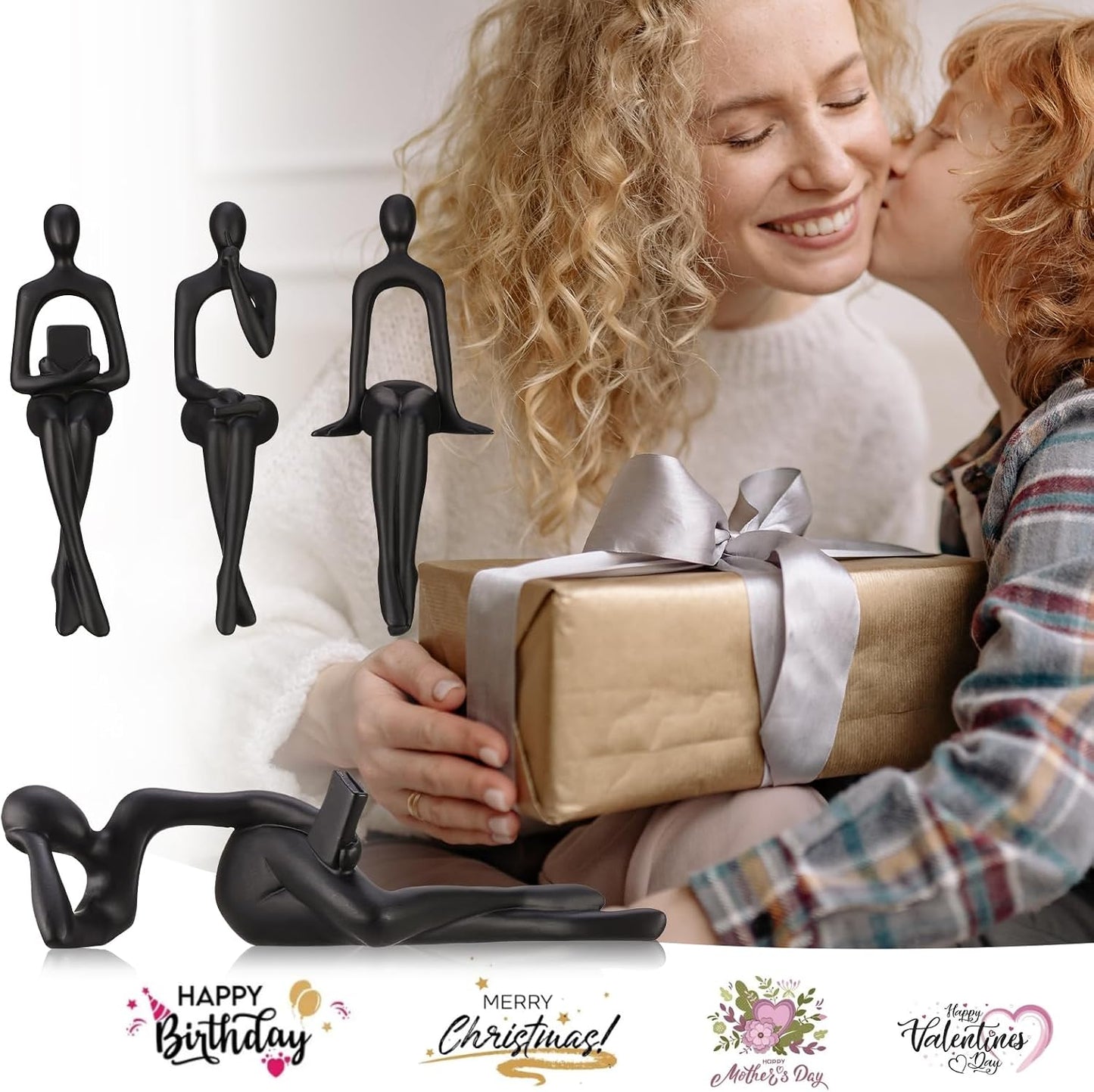 Bookshelf Decor Thinker Statue Figurines -Decorate Your Home / Black / Set of 4