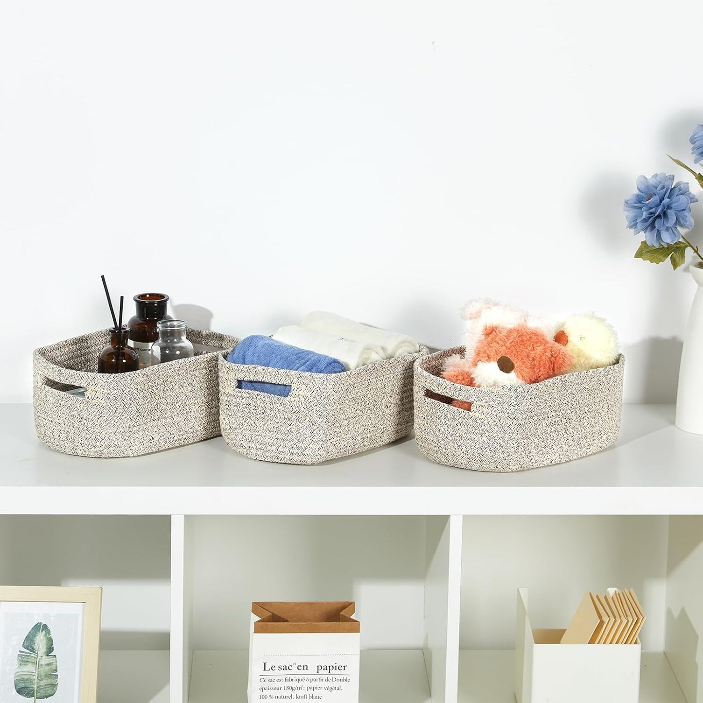 Small Cotton Rope Storage Baskets for Organizing Woven Baskets / 11.8 x 7.8 x 5 / Tan / Set of 3