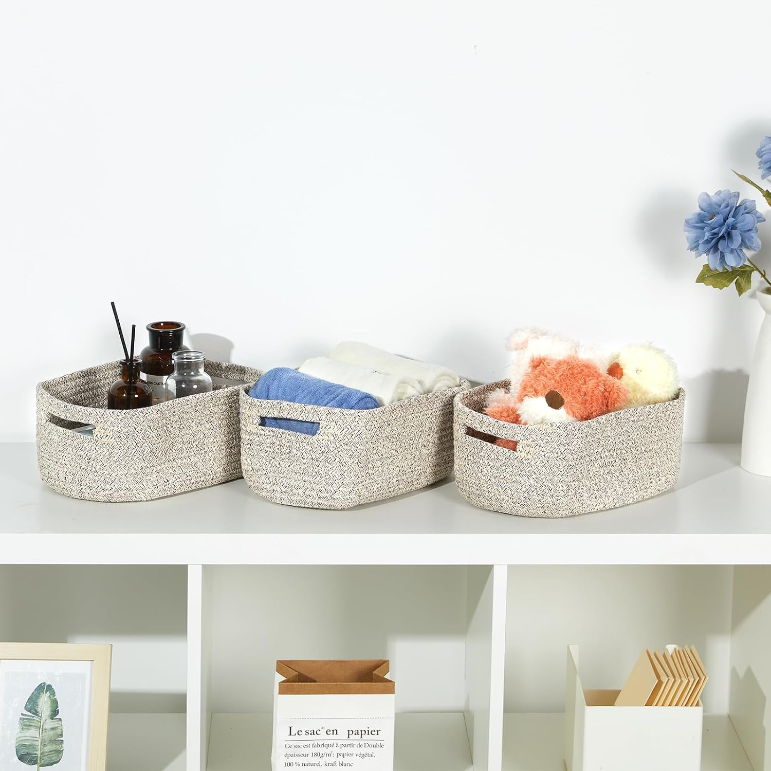 Small Cotton Rope Storage Baskets for Organizing Woven Baskets / 11.8 x 7.8 x 5 / Tan / Set of 3