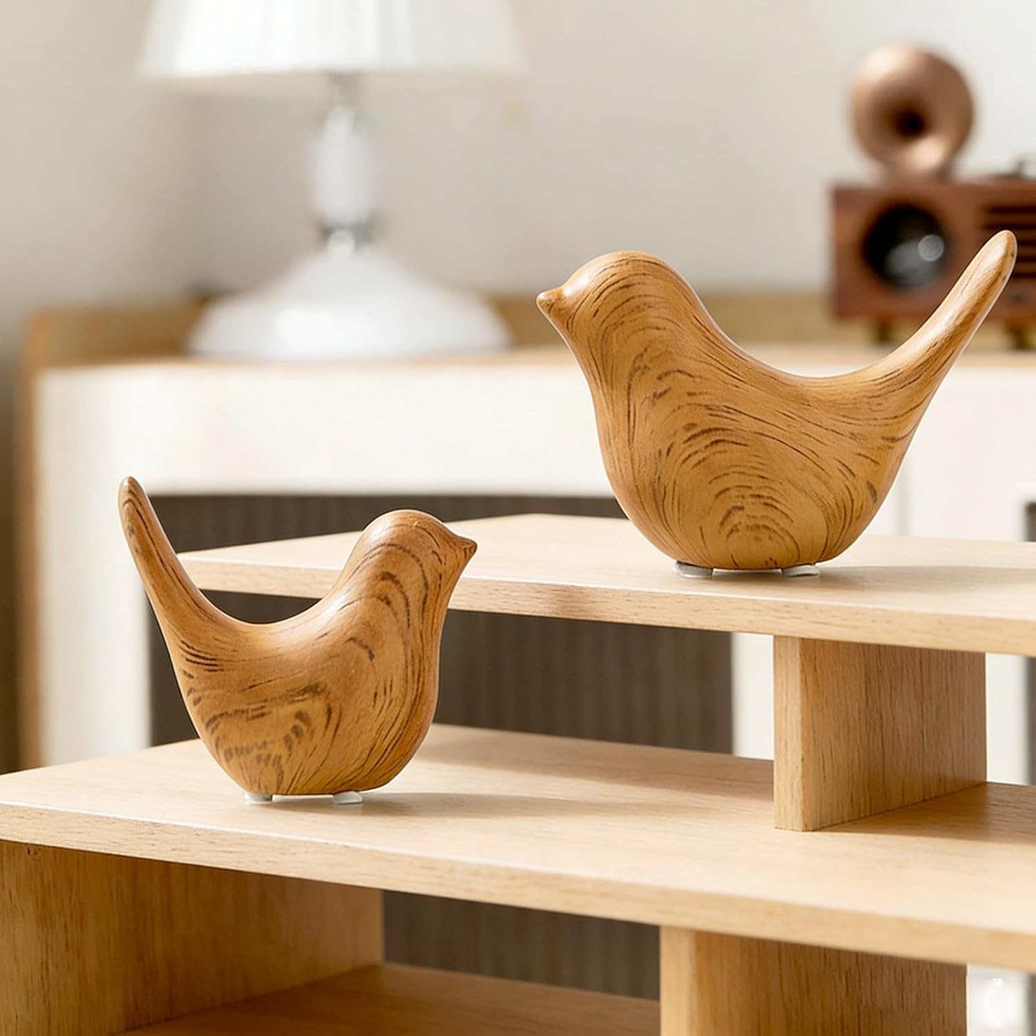 Boho Bird Statue / Wood-look Pair