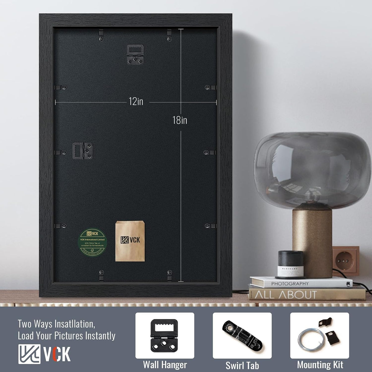 VCK 12x18 Frames - Black, Wide Border Solid Wood Poster Frame, Display Pictures in Horizontal and Vertical, for Home