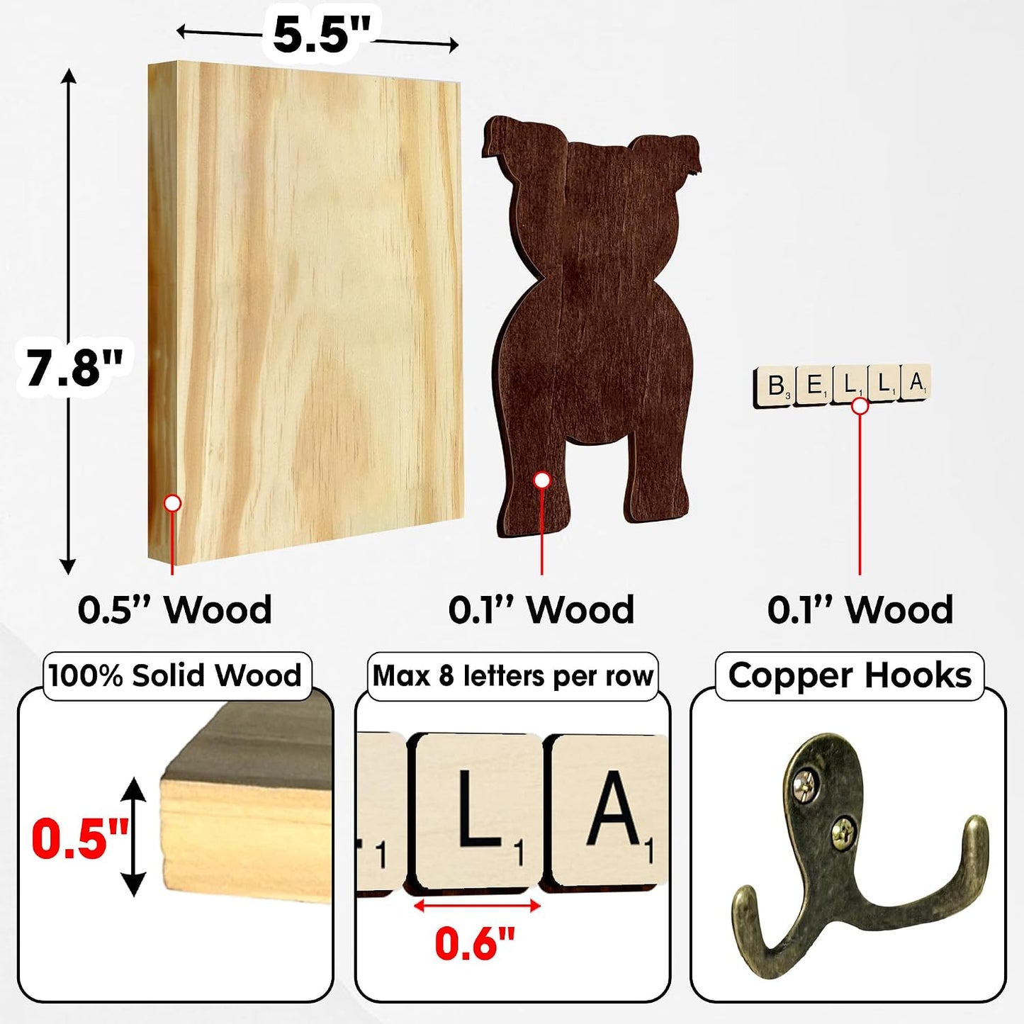 Wooden Dog Wall Hook Organizer / 7.8 x 5.5 / Pitbull