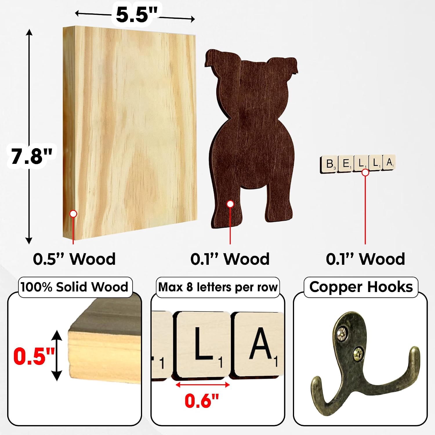 Wooden Dog Wall Hook Organizer / 7.8 x 5.5 / Pitbull