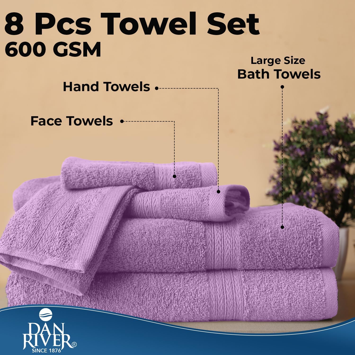 DAN RIVER 8 Piece Luxury Bath Towels for Bathroom, Towel Set, Lavendar | 2 Bath towels, 2 Hand towels, and 4 Wash